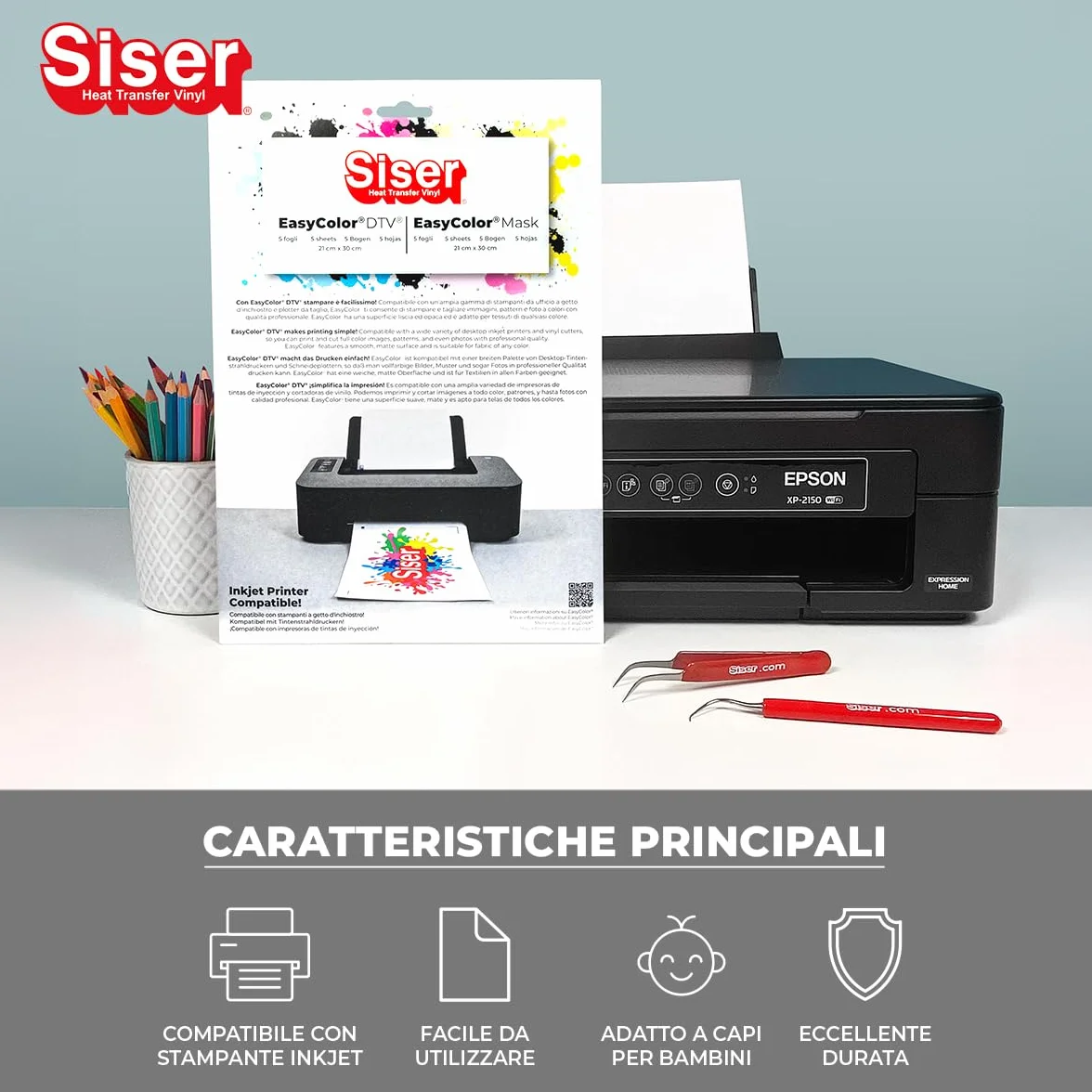 Siser Easy Color DTV Pack 5+5, termotransferowy winyl do druku atramentowego, 5 arkuszy A4 Easy Color i 5 arkuszy A4 z taśmą aplikacyjną