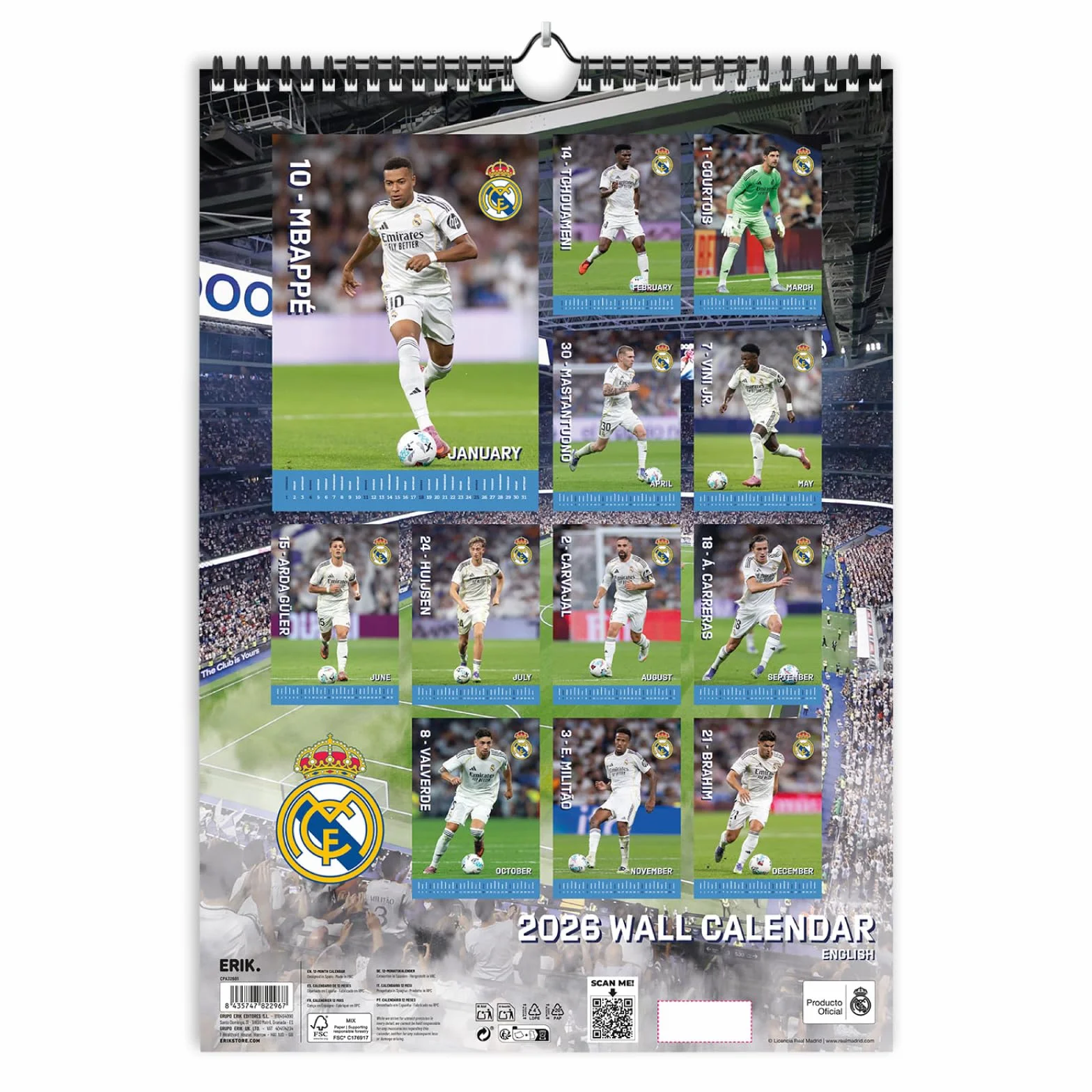 Grupo Erik A3 Wall Calendar 2026 - Real Madrid Calendar 2026 Month To View | A3 Wall Planner, Family Planner Monthly | Real Madrid Gifts Under 10 Pounds, Football Gifts For Friends