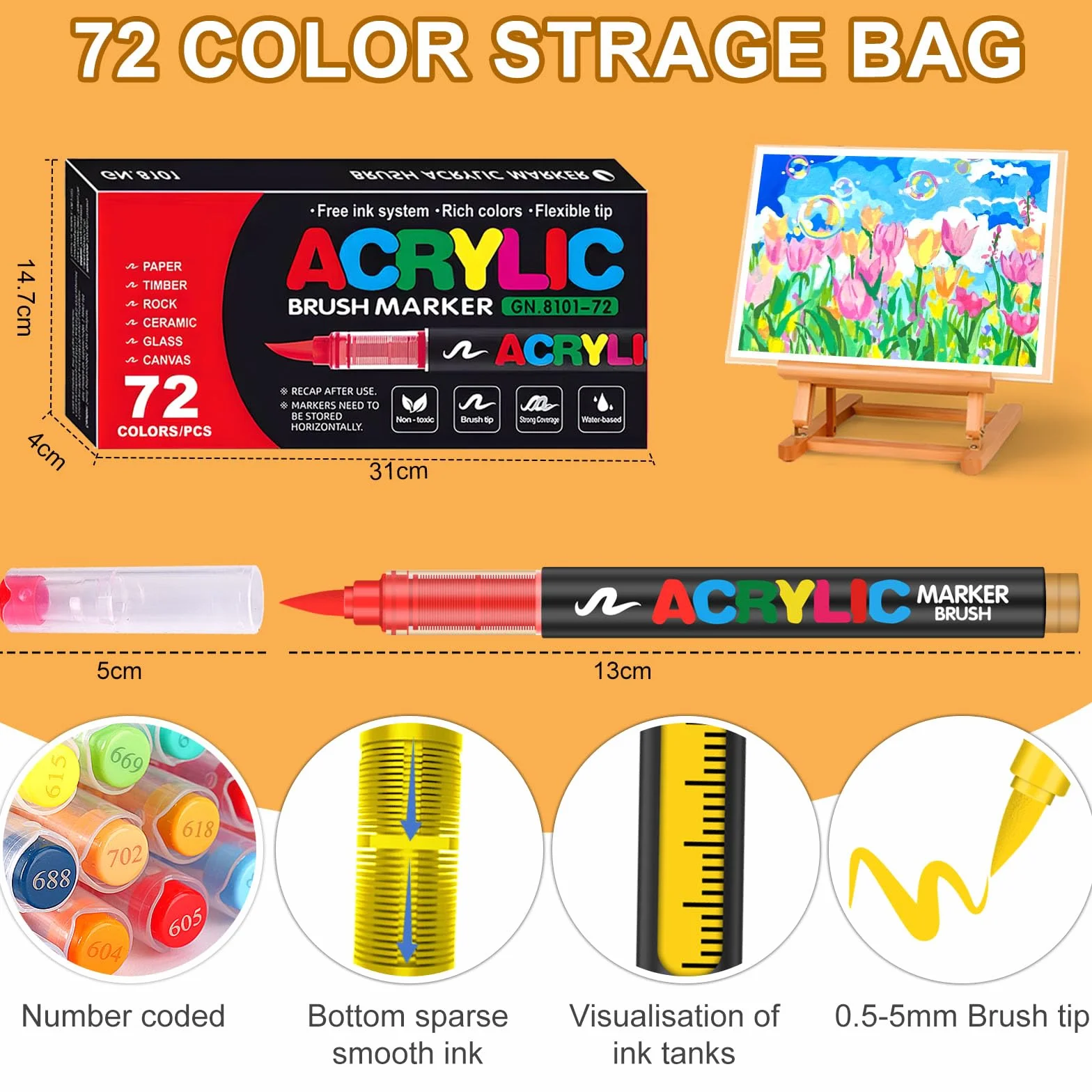 Zestaw 72 Acrylic Paint Pens · Akrylowe Pisaki z Końcówką Pędzelkową · Markery na Bazie Wody · Kryjące Pisaki do Kamienia, Szkła, Tkanin, Drewna, Płótna