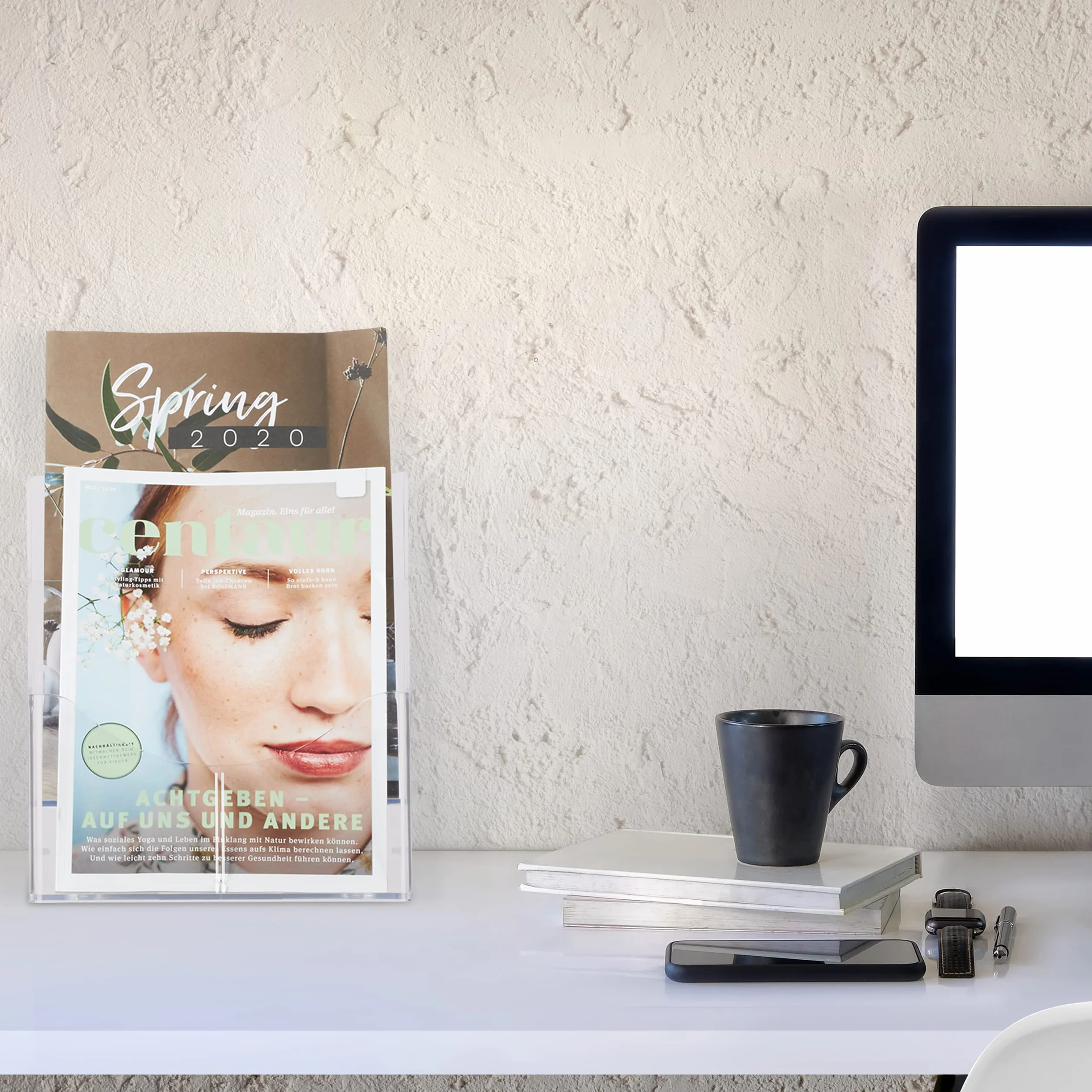 Relaxdays Stojak na prospekty A4 / DIN długi, 2 poziomy, akryl, Flyer stojak na książki i ścianę, wymiary: 27,5 x 24 x 15 cm, przezroczysty, 1 sztuka