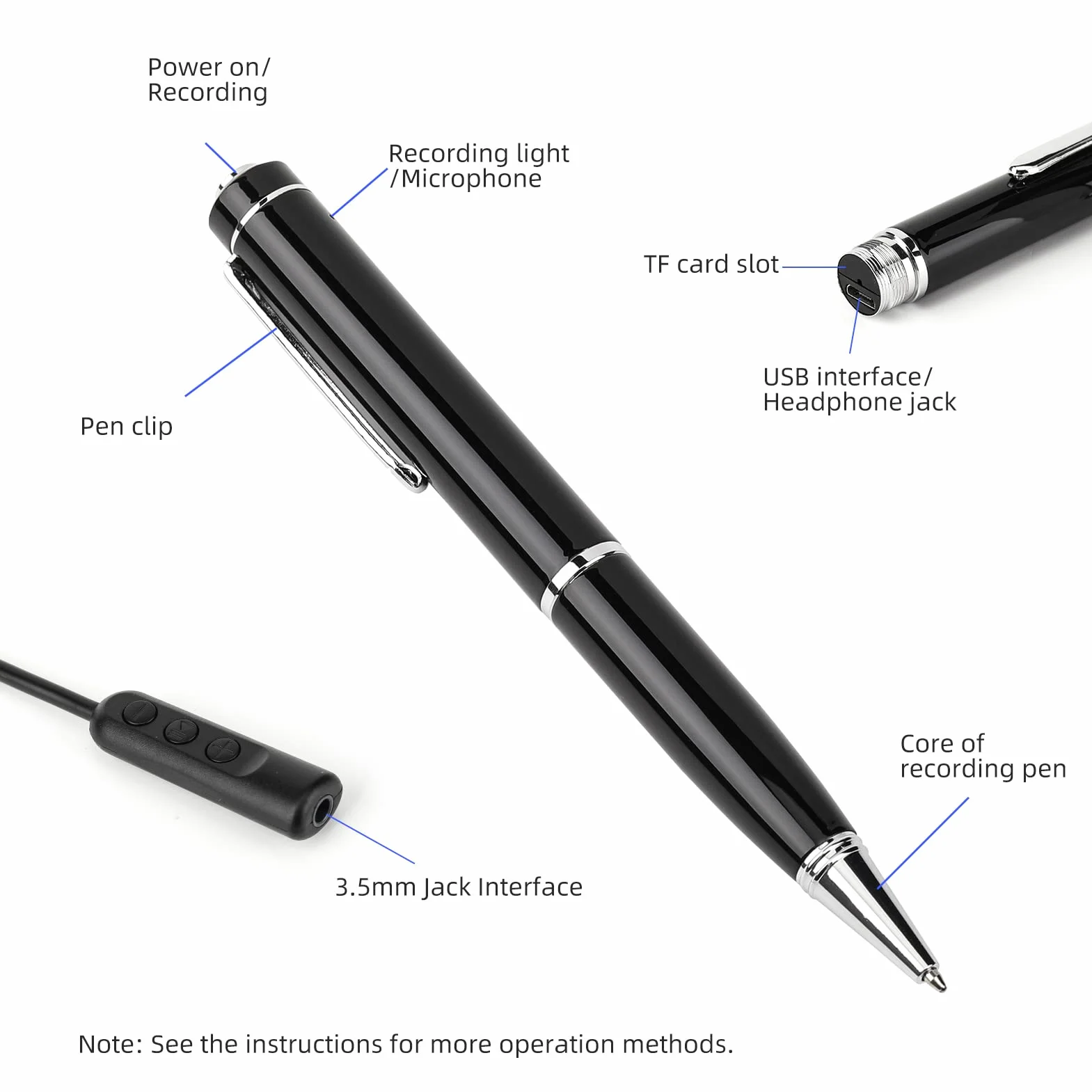 Dyktafon cyfrowy, cyfrowy dyktafon, pióro, aktywowany dźwiękiem, dyktafon, profesjonalny odtwarzacz muzyczny z kablem USB, zatyczka do uszu, do wykładu, spotkania, wywiadu