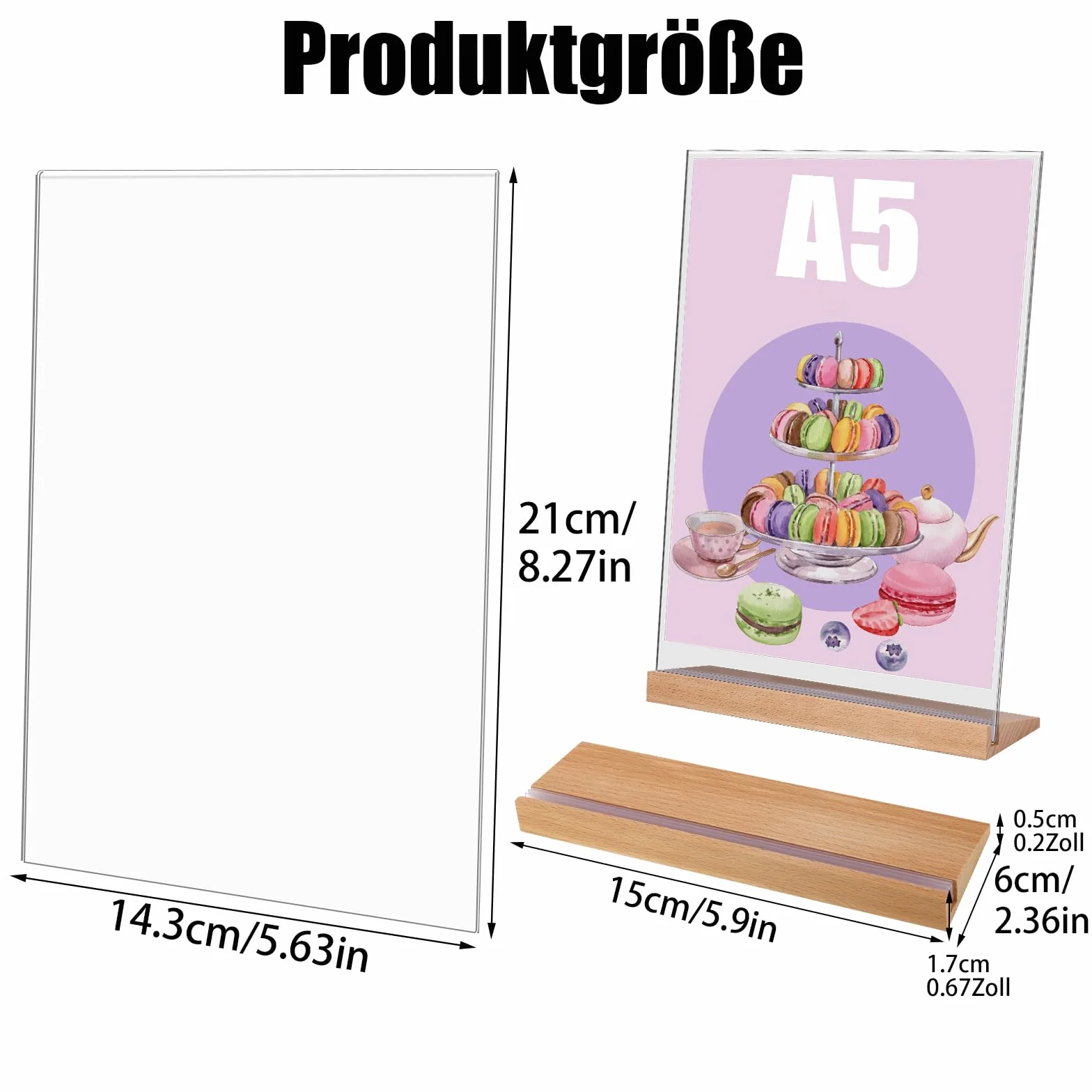 Yoosso Stojak na stół A5, 4 sztuki, w kształcie litery L, format A5, akrylowy, ekspozycja reklamowa z drewnianą podstawą do menu, kawiarni, restauracji, sklepu, na wesele (21 x 14,3 cm)
