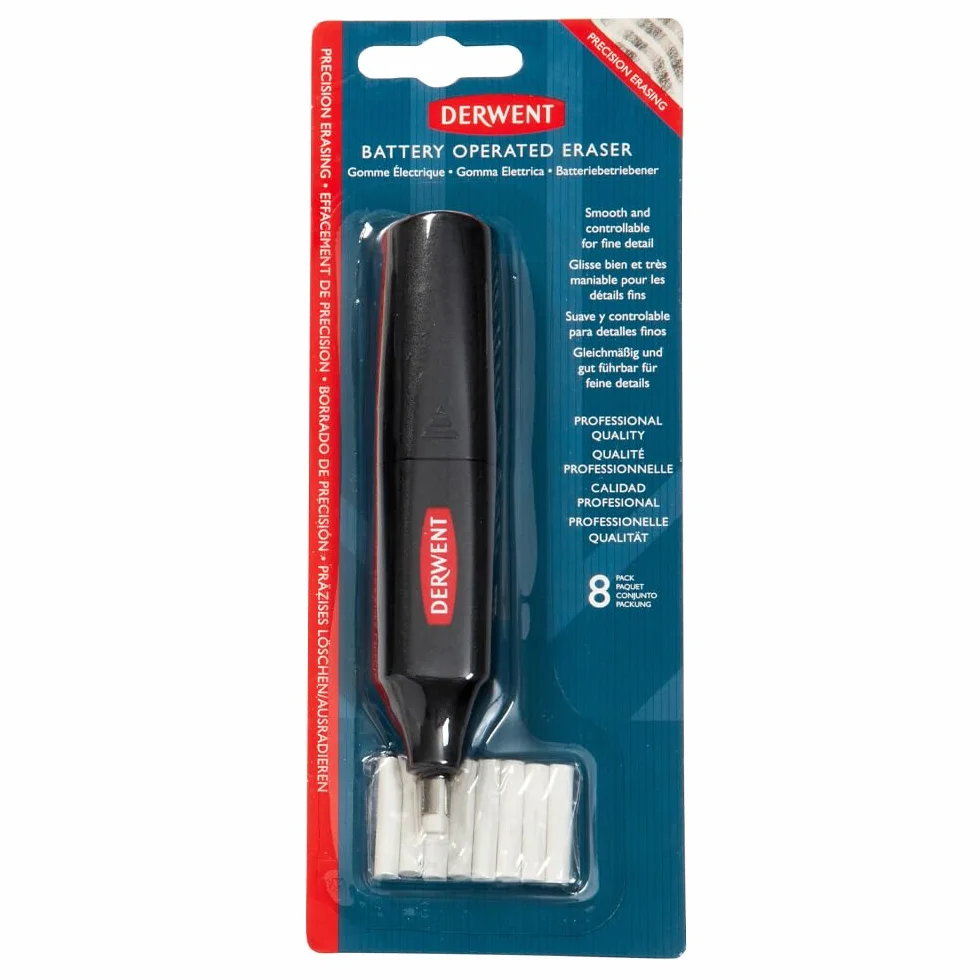 Derwent Długopis z gumką na baterie, zawiera 8 zapasowych gumek, odpowiednie do ołówków grafitowych, kolorowych i pastelowych, jakość profesjonalna, 2301931, czarny
