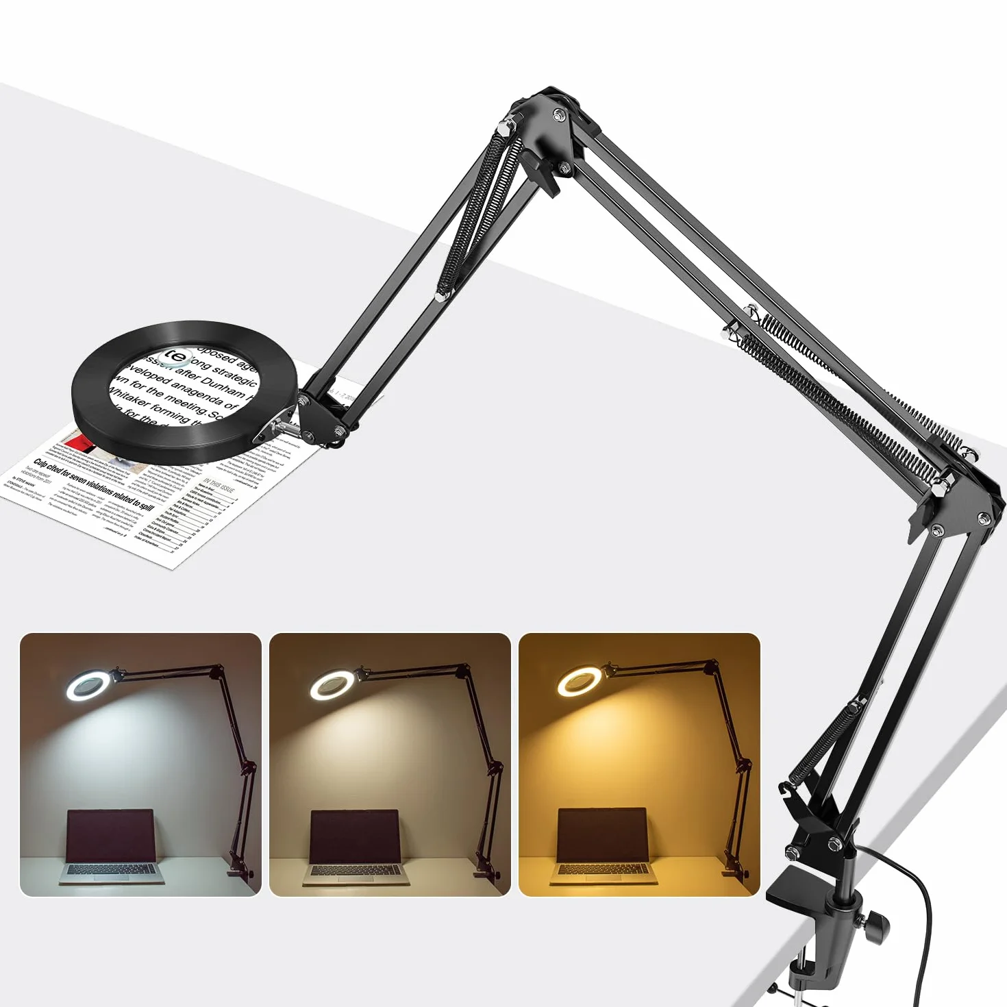 Lupa ze światłem, 15X 10X lampa biurkowa z lupą z zaciskiem i 3 obrotowymi ramionami, lampa biurkowa LED z lupą z 3 trybami kolorów z możliwością ściemniania do hobby, rękodzieła, napraw