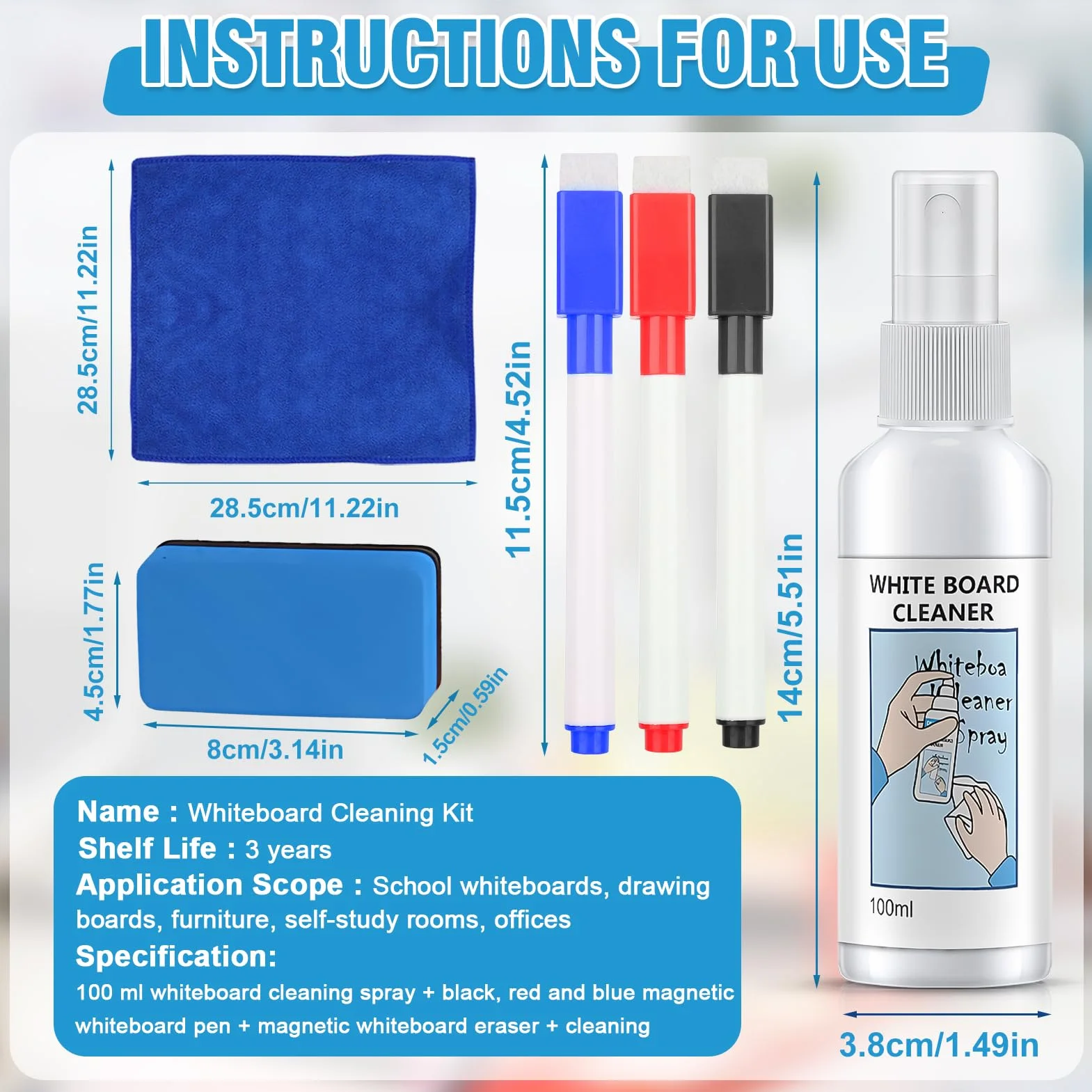 Spray do czyszczenia tablic białych Whiteboard Cleaner z magnetyczną tablicą i 3 markerami