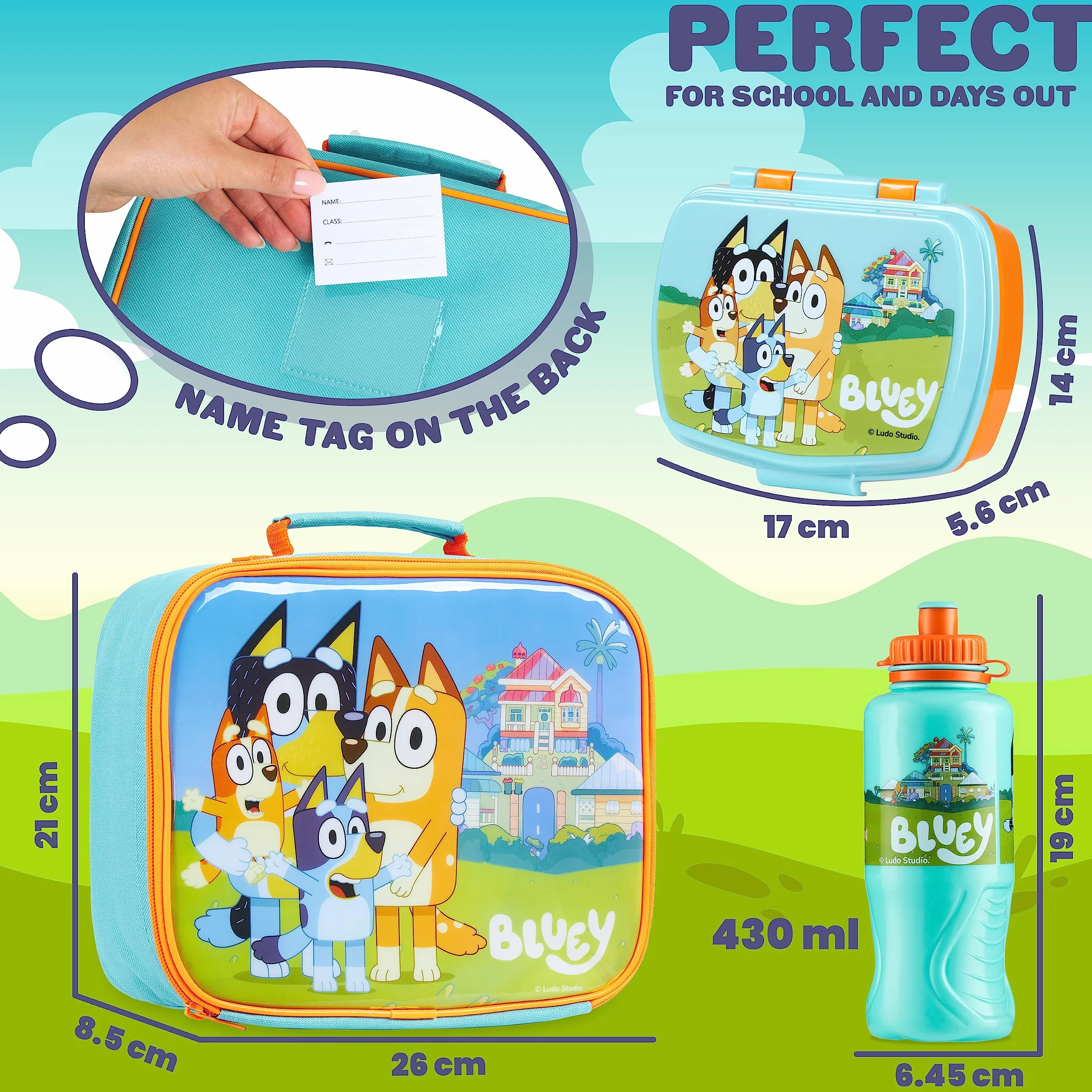 Bluey 3-częściowy zestaw lunchowy: izolowana torba, pudełko na przekąski, butelka na wodę, 430 ml, do przedszkola, podróży lub wycieczek
