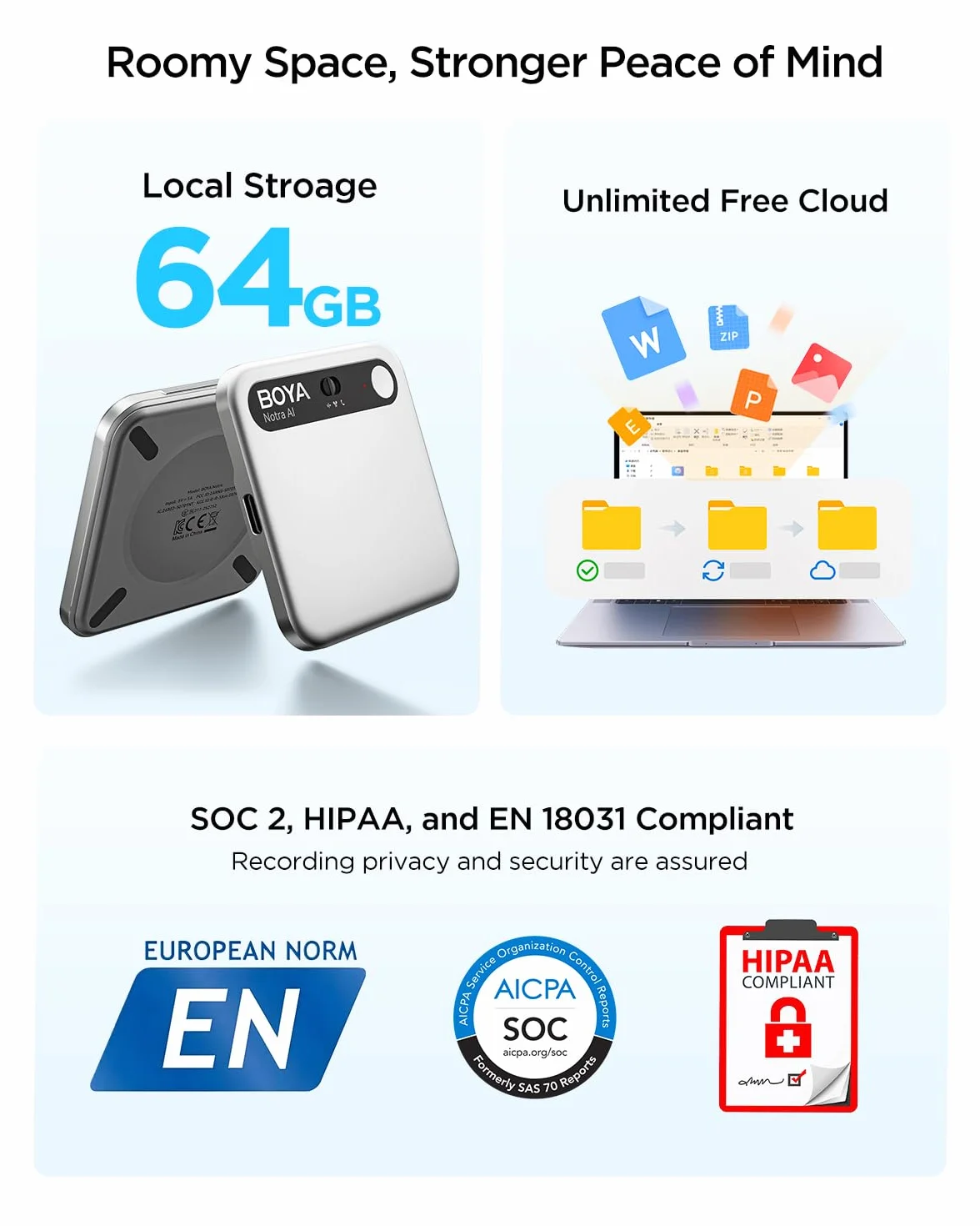 BOYA Dyktafon Notra AI, atmosfera/rozmowy telefoniczne/przechwytywanie Bluetooth, transkrypcja AI i inteligentne podsumowanie, obsługa ponad 140 języków, 64 GB pamięci, magnetyczny organizer notatek