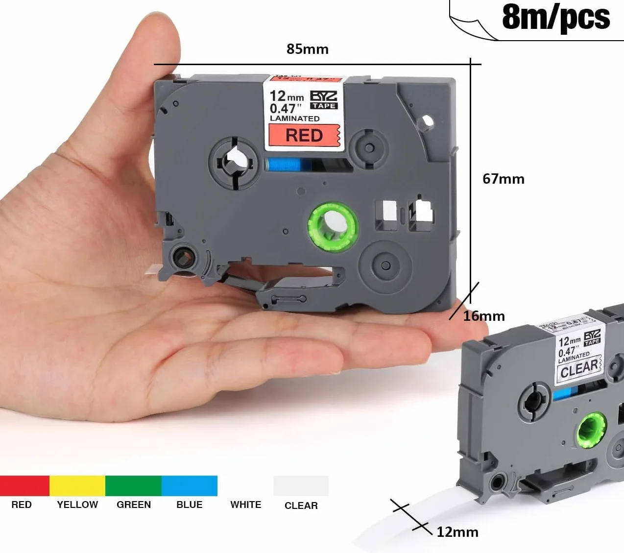 6 sztuk etykiet w różnych kolorach, taśmy 12 mm x 8 m do drukarki Brother TZe, kompatybilne z Brother P-Touch PT-1000, czarne na białym / czerwonym / niebieskim / żółtym/zielonym/przezroczystym