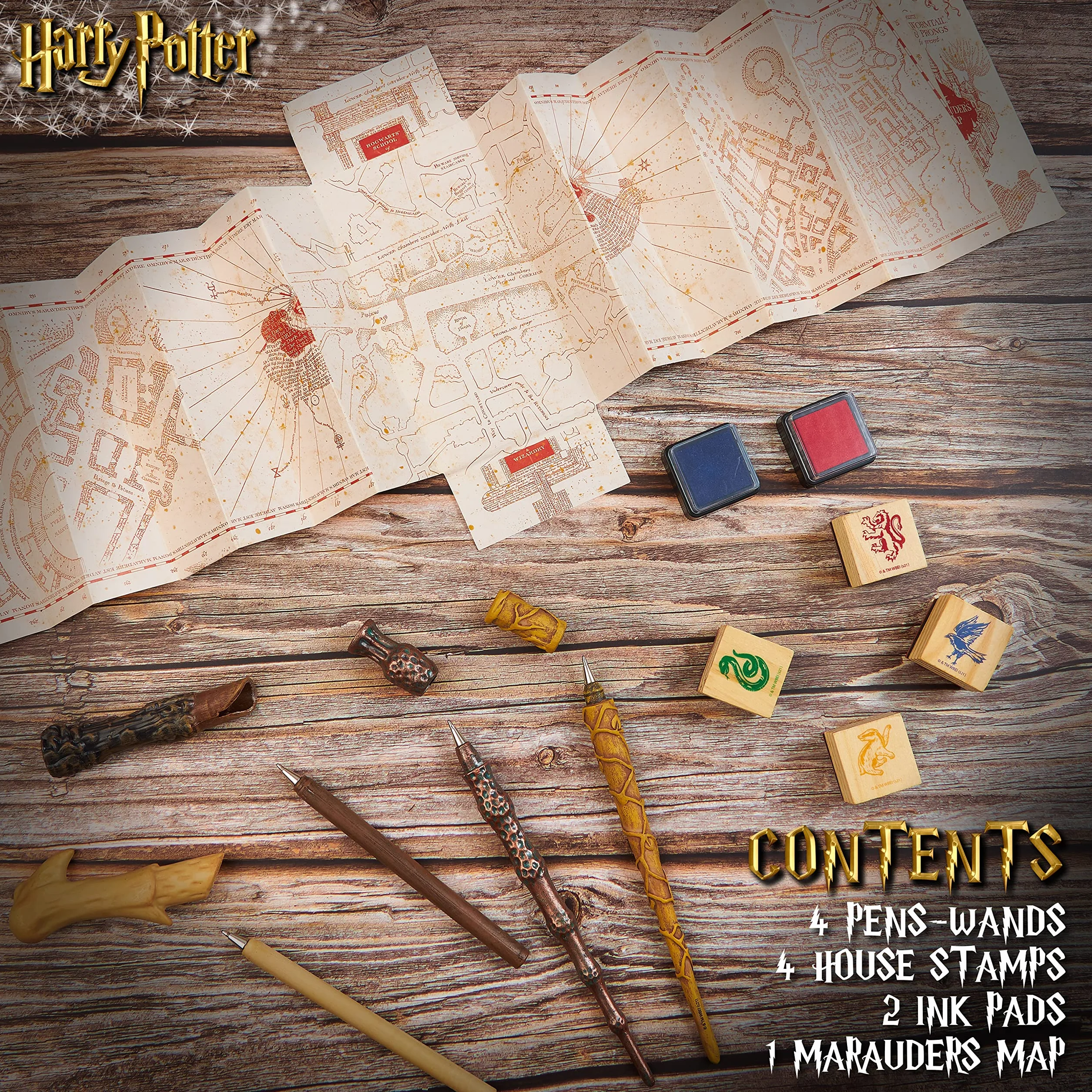 Harry Potter Pudełko na długopisy Magiczna różdżka, poduszeczka z tuszem i mapa Huncwotów Pomysł na prezent dla dziewczynki/chłopca