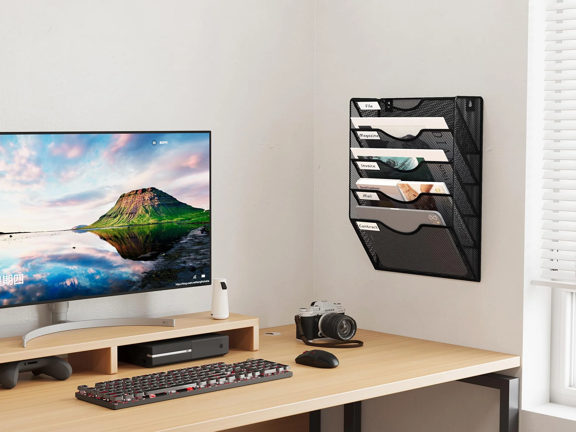 EasyPAG Uchwyt Ścienny na Dokumenty A4 5 Przedziały Metal Siatka,Wiszący Organizer na Dokumenty,Ścienny Stojak na Pocztę,Przechowywanie Czasopism do Biura & Domu,Czarny
