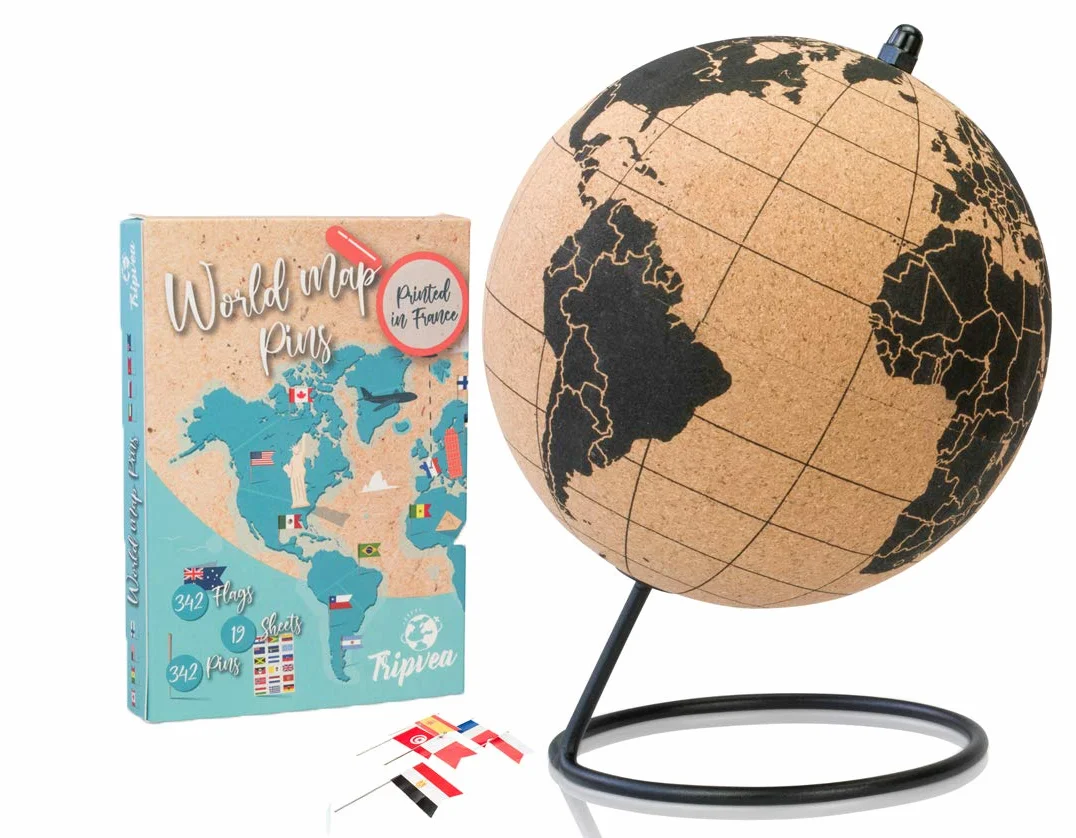 Vintage korkowy globus ziemski - rozmiar = 20 cm + 342 naklejki do sadzenia - ozdobna mapa - idealny pomysł na prezent i wystrój dla Twojego biura lub dziecka