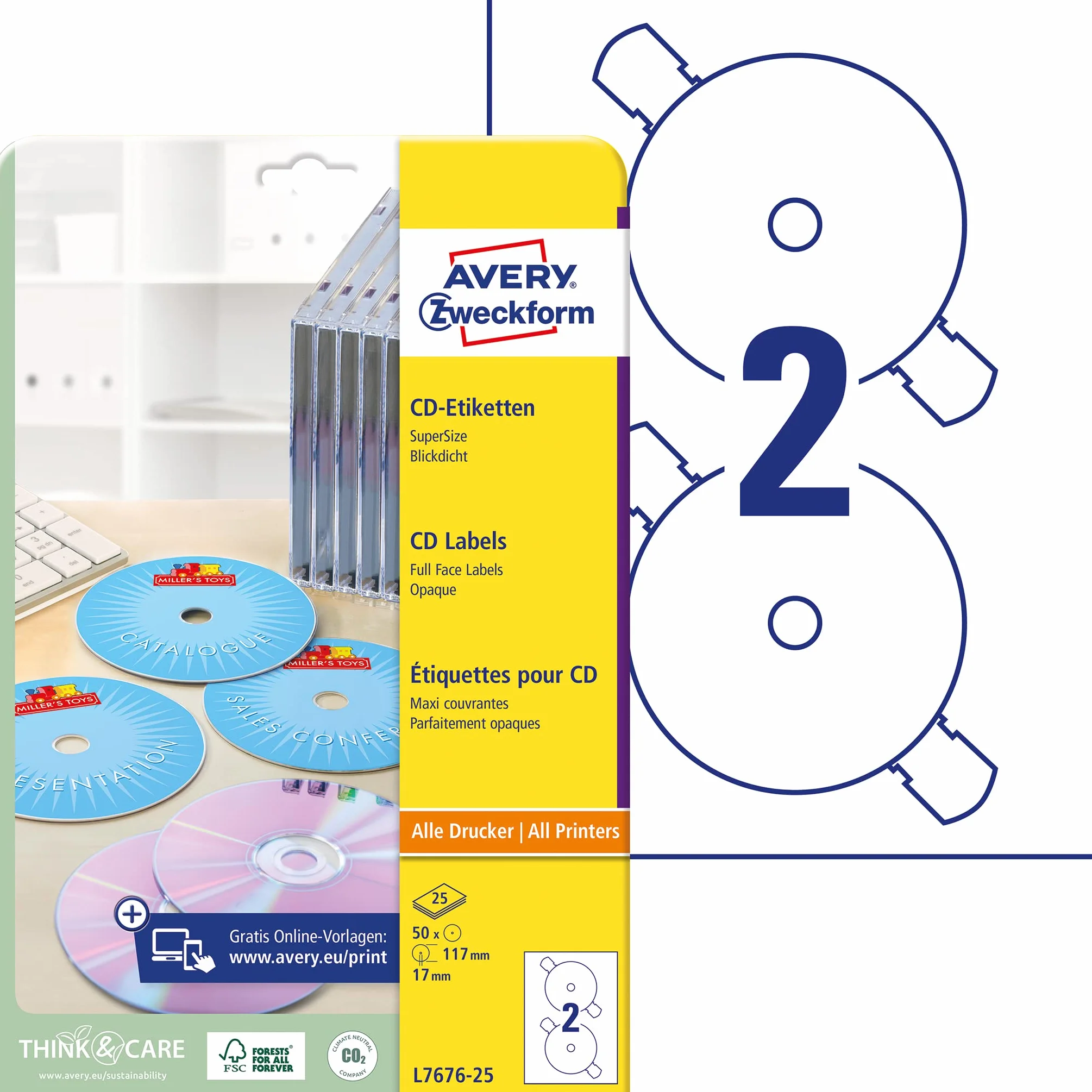 AVERY Zweckform etykiety CD L7676-25 50 naklejek Ø 117 mm papier matowy biały 25 arkuszy