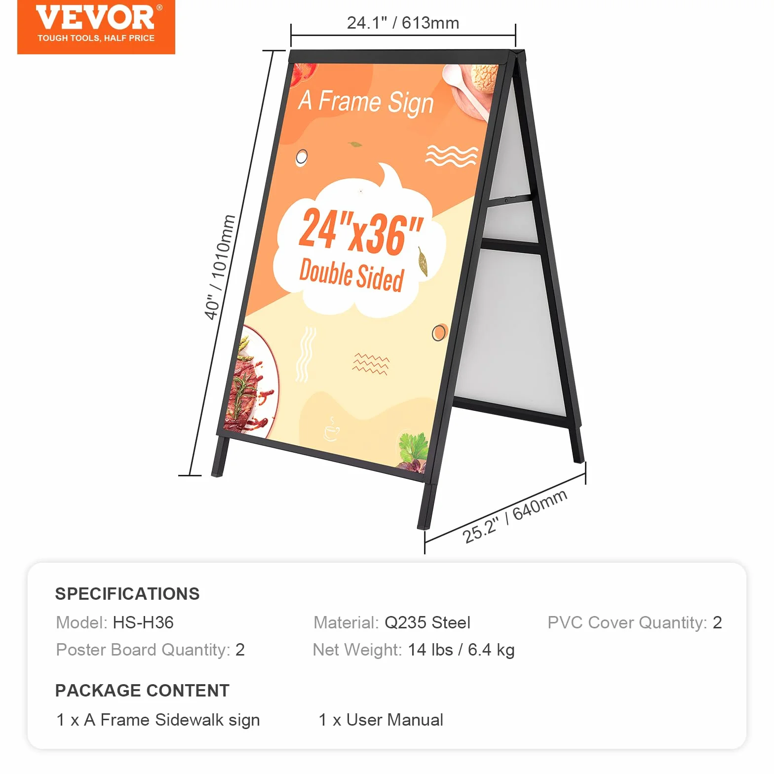 VEVOR Stoper dla klientów, stojak na chodnik, tablica reklamowa 61 x 91 cm, stojak na plakat, stal Q235, stojak na plakaty z ramą A, stojak reklamowy, stojak na chodniki do restauracji, barów, kawiarni, firm itd.
