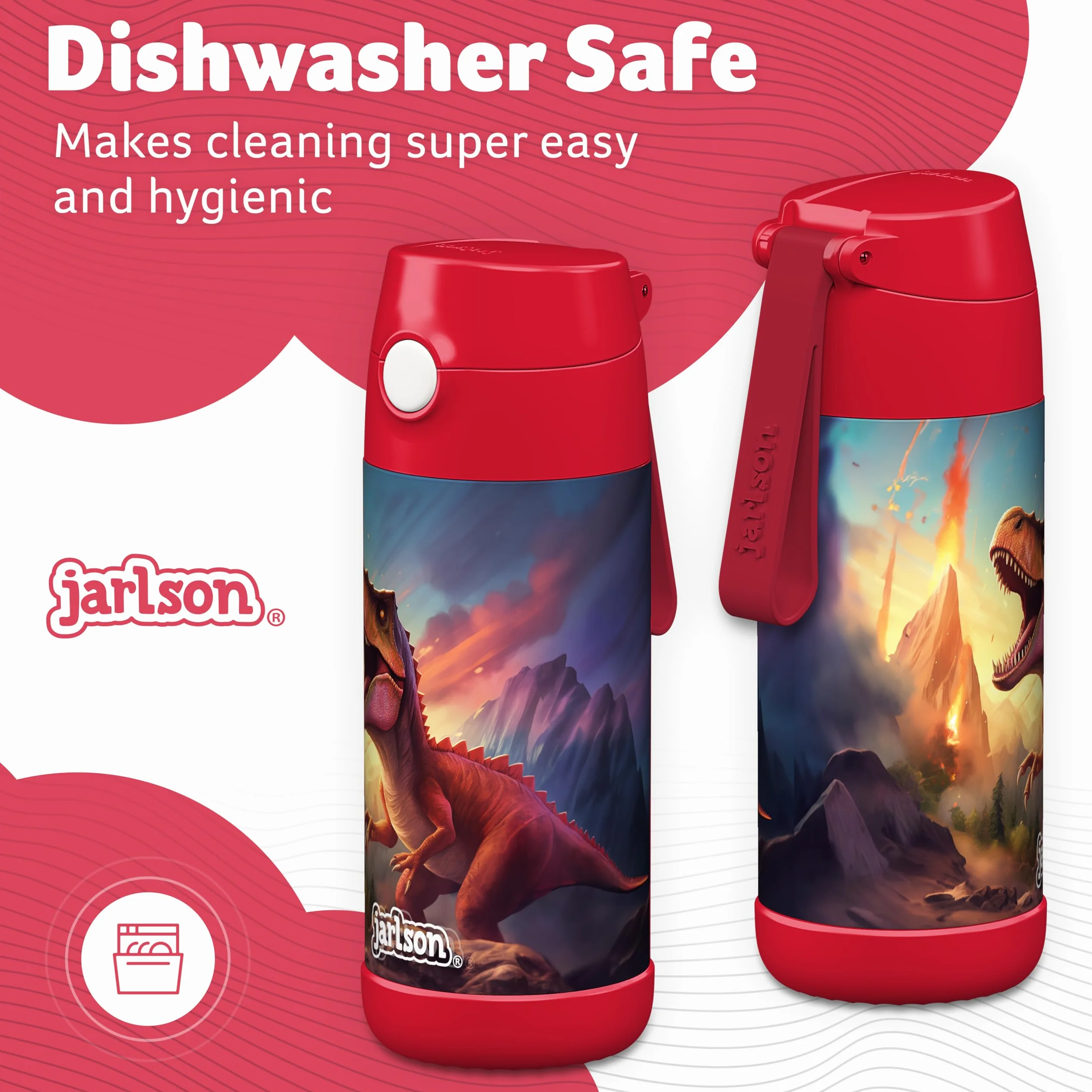 JARLSON® Butelka do picia dla dzieci, stal nierdzewna, ze słomką, 350 ml, certyfikat TÜV, nie zawiera BPA, szczelna, termiczna butelka na wodę do szkoły, przedszkola, dinozaur 2.0, 350 ml