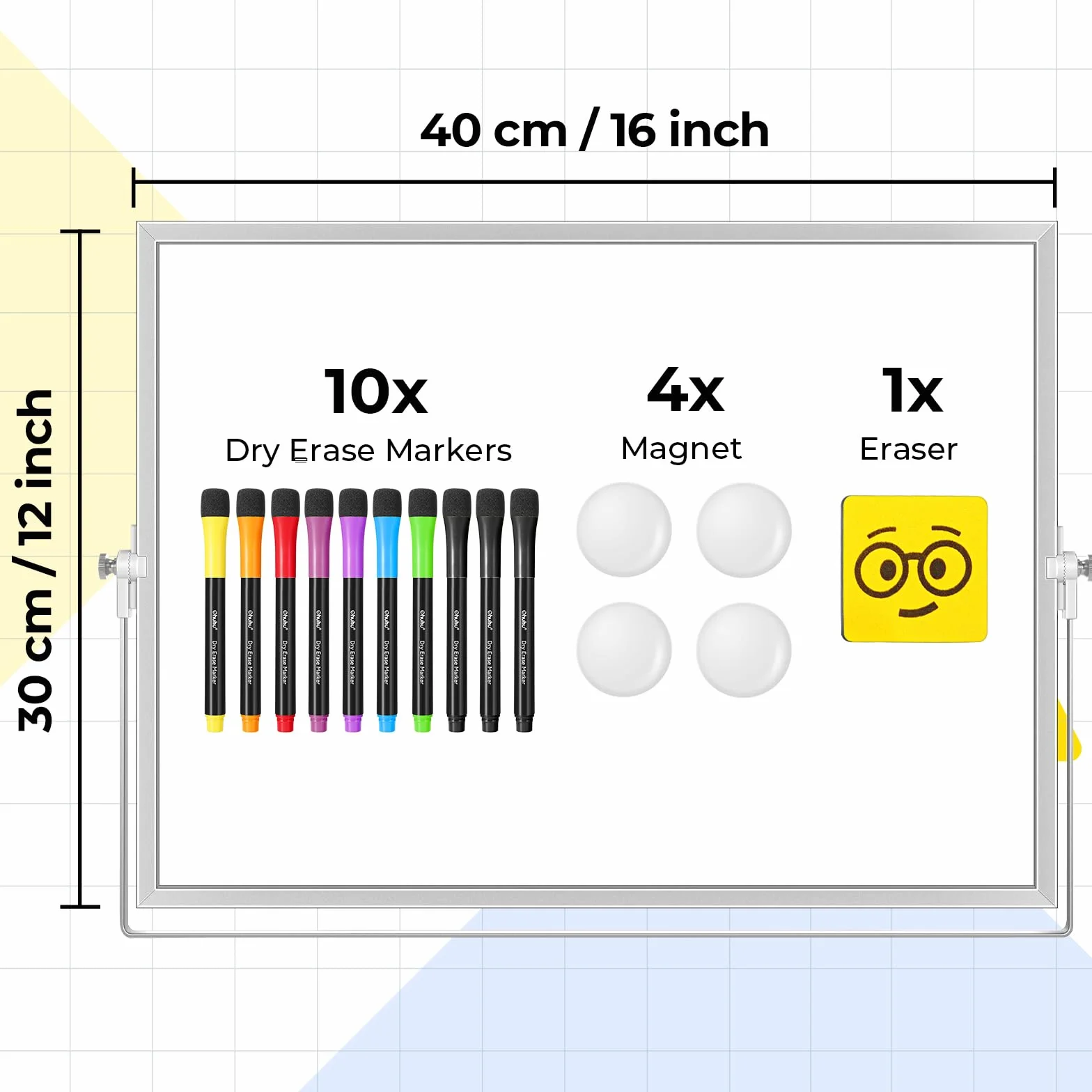 Ohuhu Mini tablica suchościeralna A3, mała biała tablica z 10 długopisami, 4 magnesami i 1 gumką, dwustronna tablica magnetyczna na biurko 40 x 30 cm, ze stojakiem, na ścianę, do rysowania