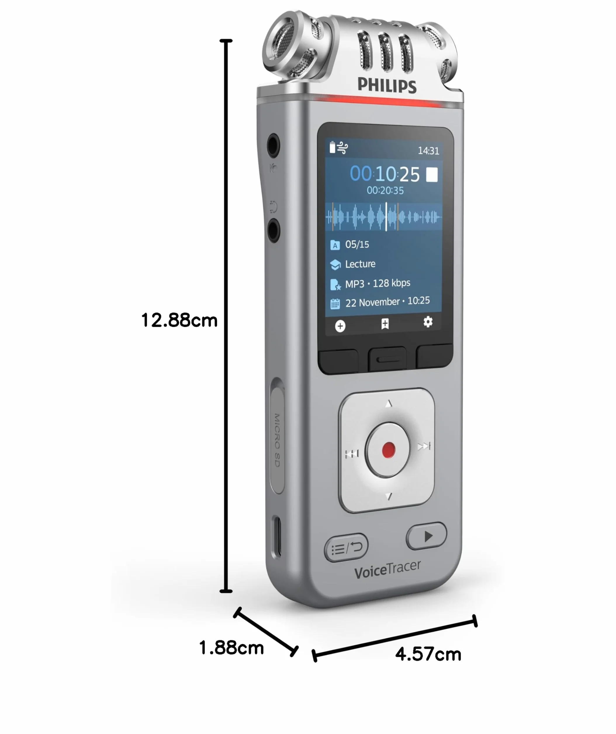Philips VoiceTracer DVT4115 dyktafon, nagrywarka, 8 GB, MP3 i PCM, 3 mikrofi HiFi. Sembly KI rozpoznawanie mowy, tworzenie streszczeń, protokołów sesji i to-DOS