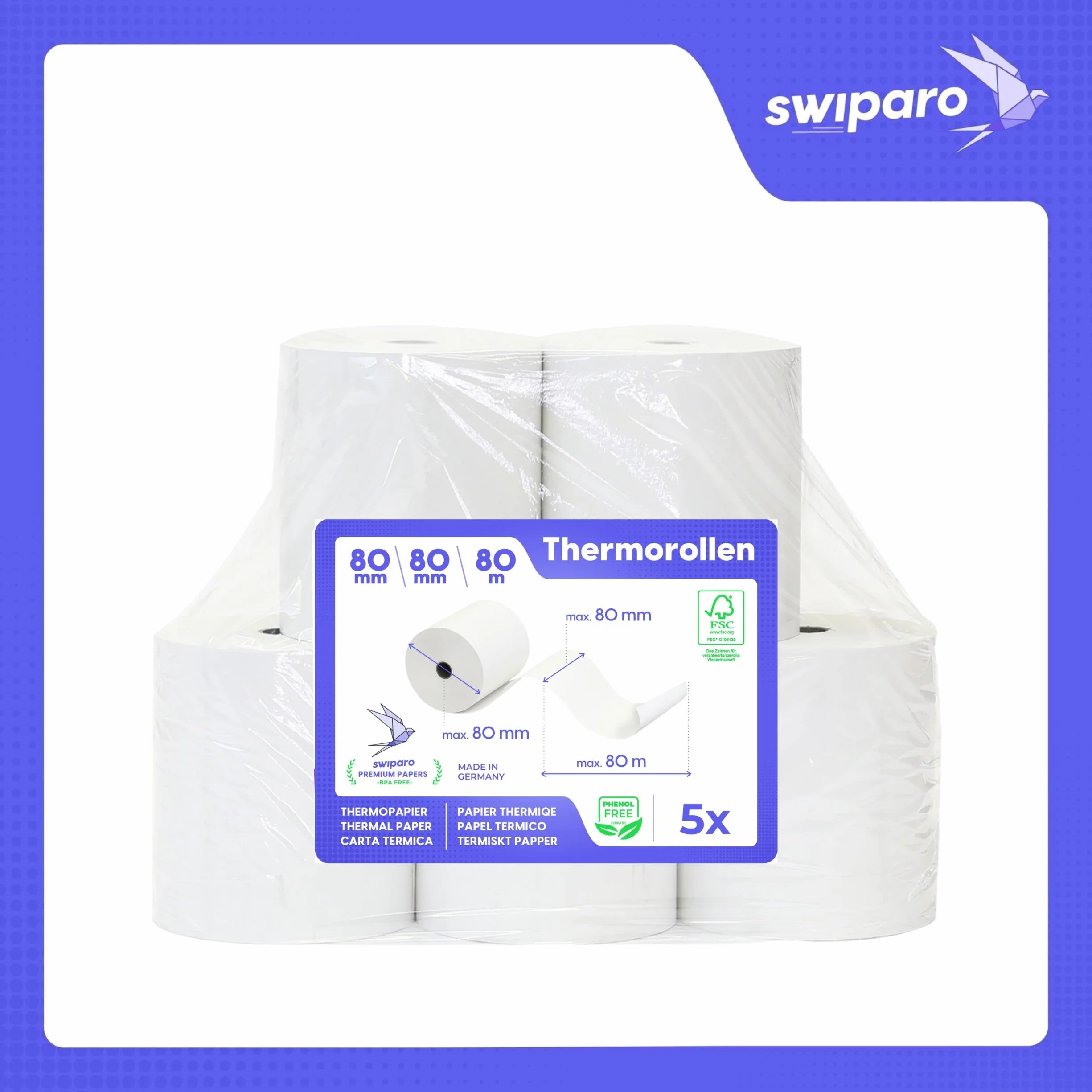 Rolki termiczne 80 mm x 80 m x 12 mm – rolki kasowe – rolki bonów certyfikowane do kasy fiskalnej z drukarką bonów – papier termiczny 80 x 80 x 12 (5 rolek)