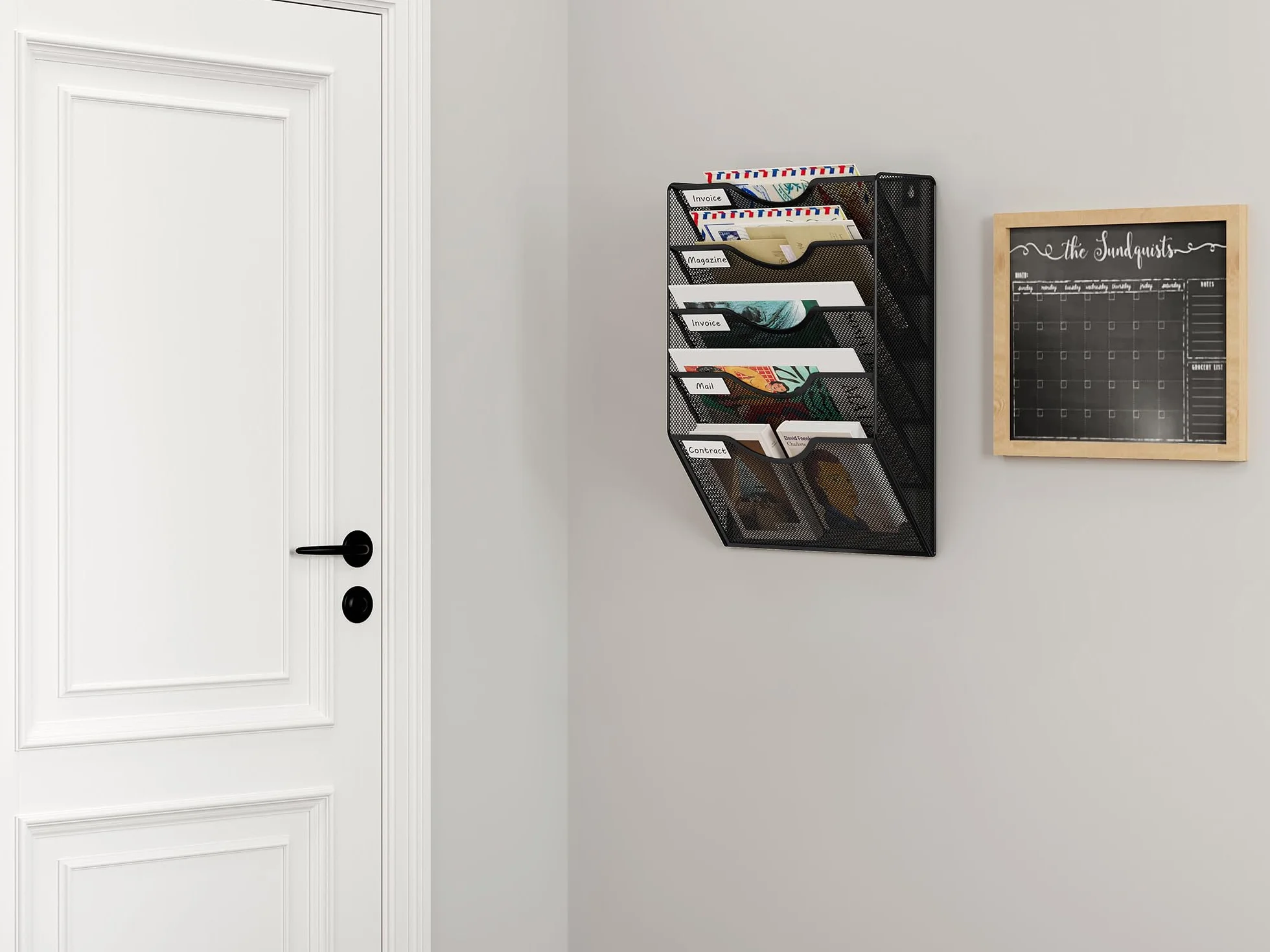 EasyPAG Uchwyt Ścienny na Dokumenty A4 5 Przedziały Metal Siatka,Wiszący Organizer na Dokumenty,Ścienny Stojak na Pocztę,Przechowywanie Czasopism do Biura & Domu,Czarny