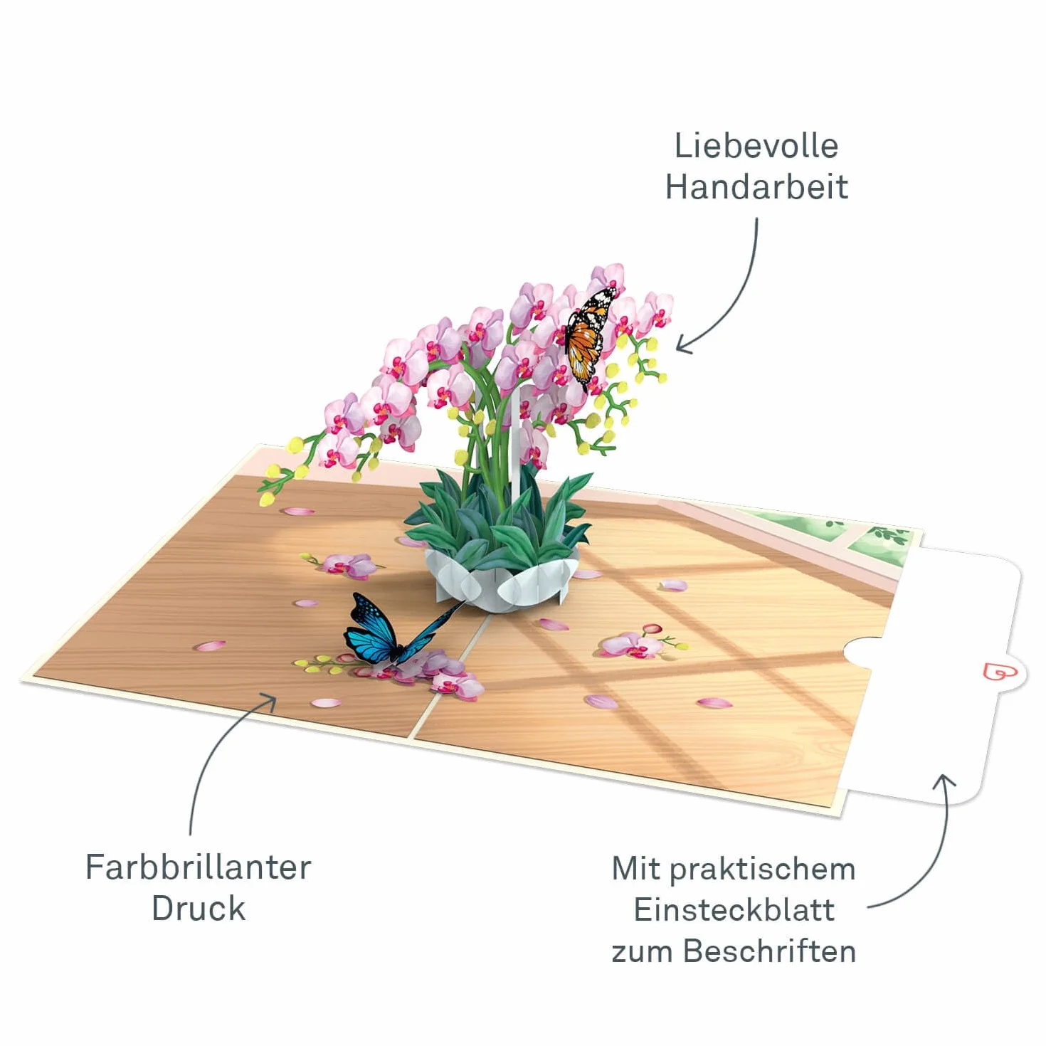 papercrush Kartka pop-up, storczyki z motylem, elegancka kartka urodzinowa 3D z kwiatami i motylami dla kobiet, specjalna kartka z życzeniami na urodziny i rocznicę, kartka powrotu do zdrowia