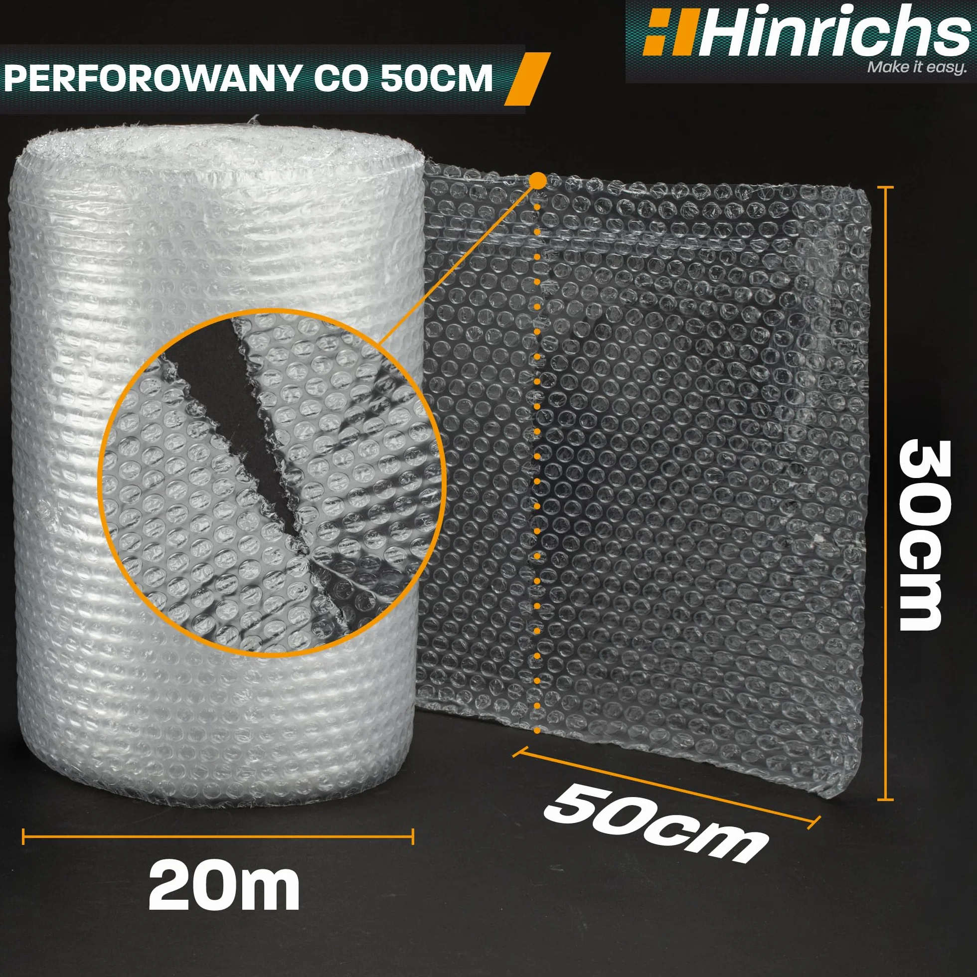 Hinrichs Folia Bąbelkowa w Rolce 20m x 30cm perforowana - Idealna do Wysyłki, Pakowania i Przenoszenia - Możliwość 100% Recyklingu - Folia Bąbelkowa jako Materiał Opakowaniowy - Materiał amortyzujący