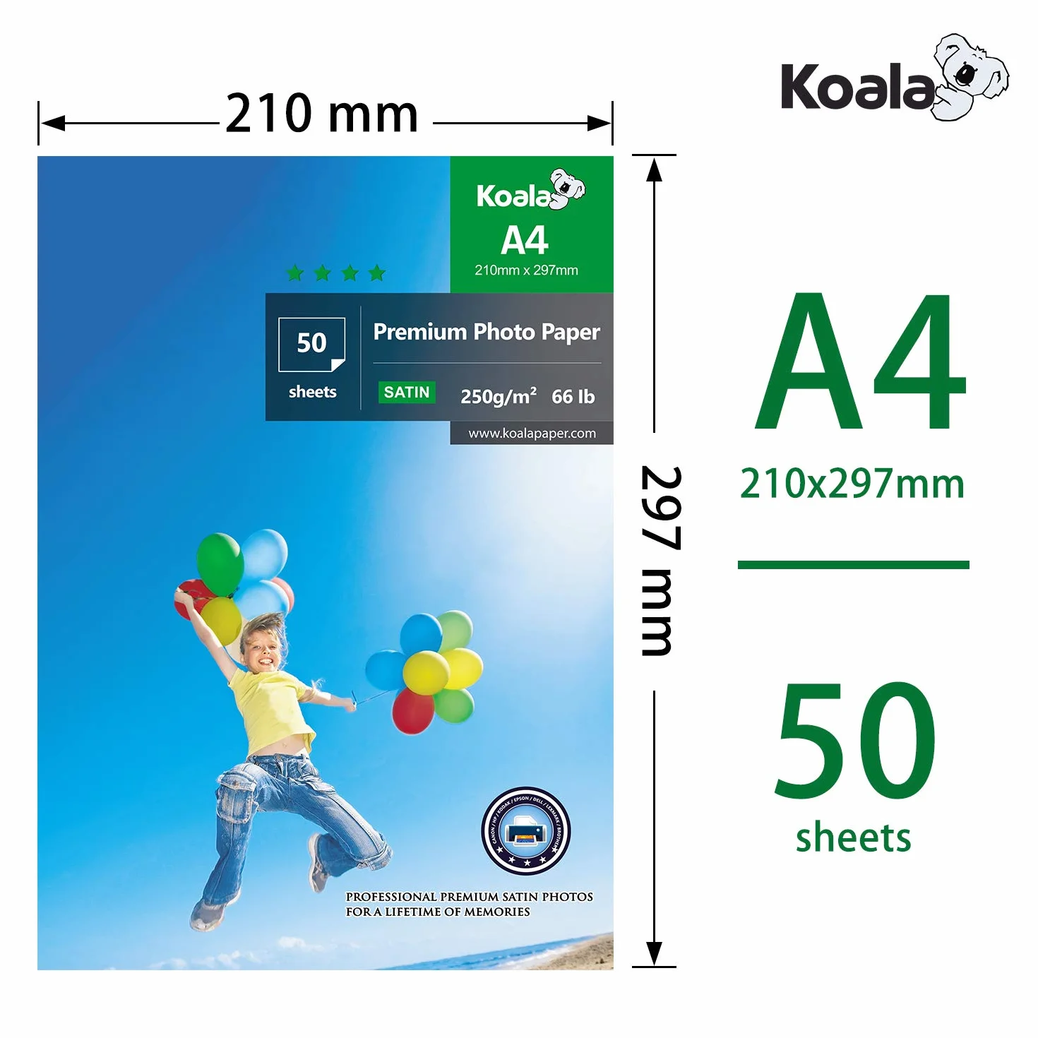 KOALA Papier fotograficzny satynowy A4 250 g/m² 50 arkuszy do drukarek atramentowych Canon HP Epson