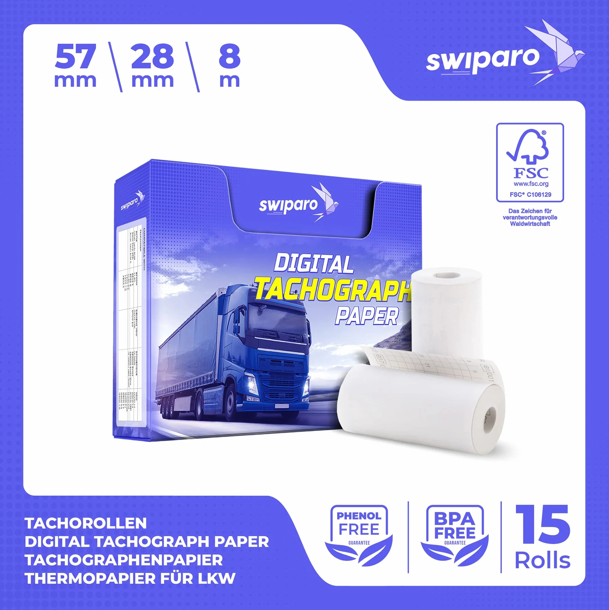 Certyfikowane rolki papieru do tachografów - Papier termiczny do wszystkich cyfrowych tachografów do samochodów ciężarowych - 57/8 mm (15 sztuk)