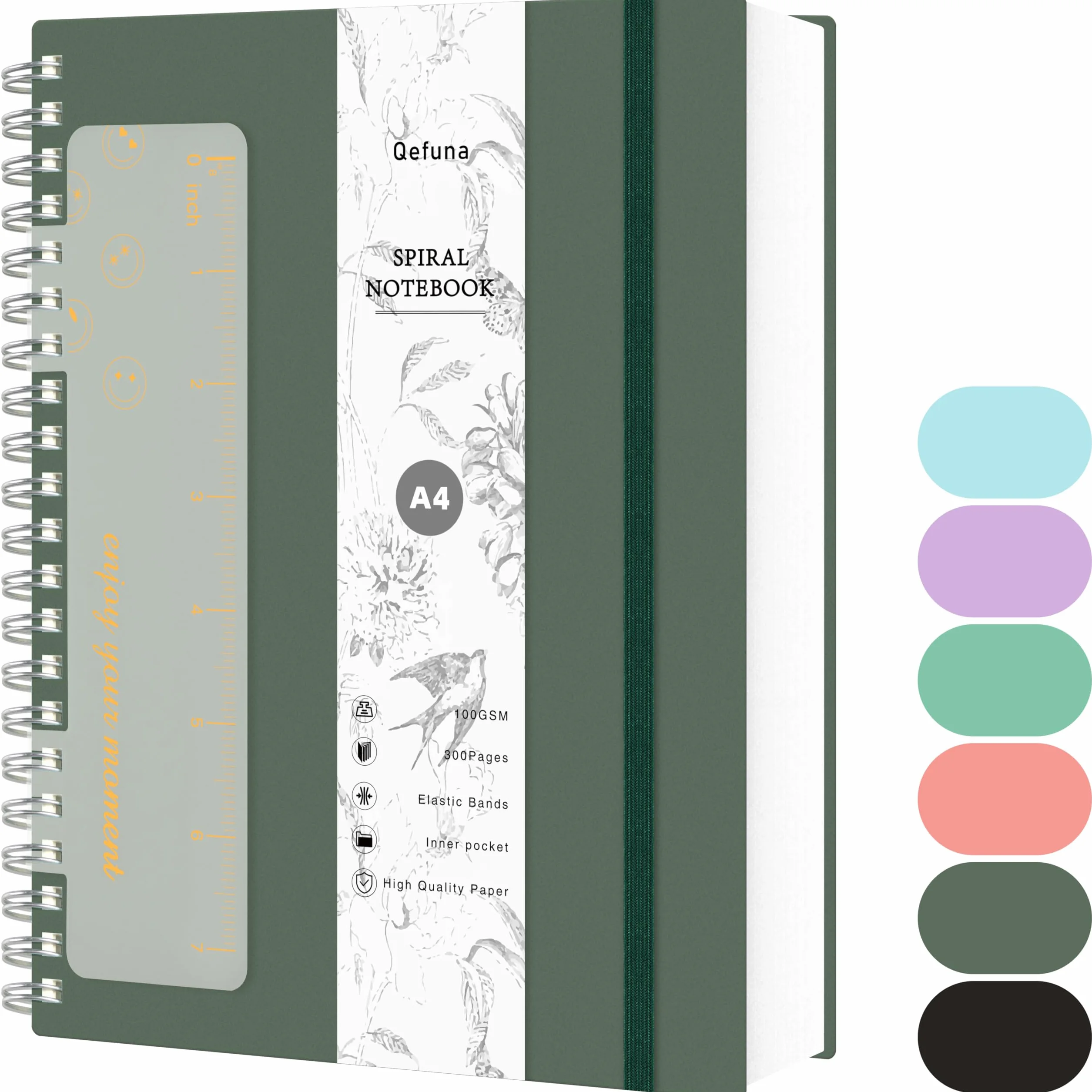 Notatnik Qefuna A4 w kropki, Bullet Dot Journal, 300-stronicowy notatnik na spirali, papier atramentoodporny 100g/m², twarda okładka z PVC, z linijką, rozszerzalne kieszenie, 21x 28 cm -Zielony