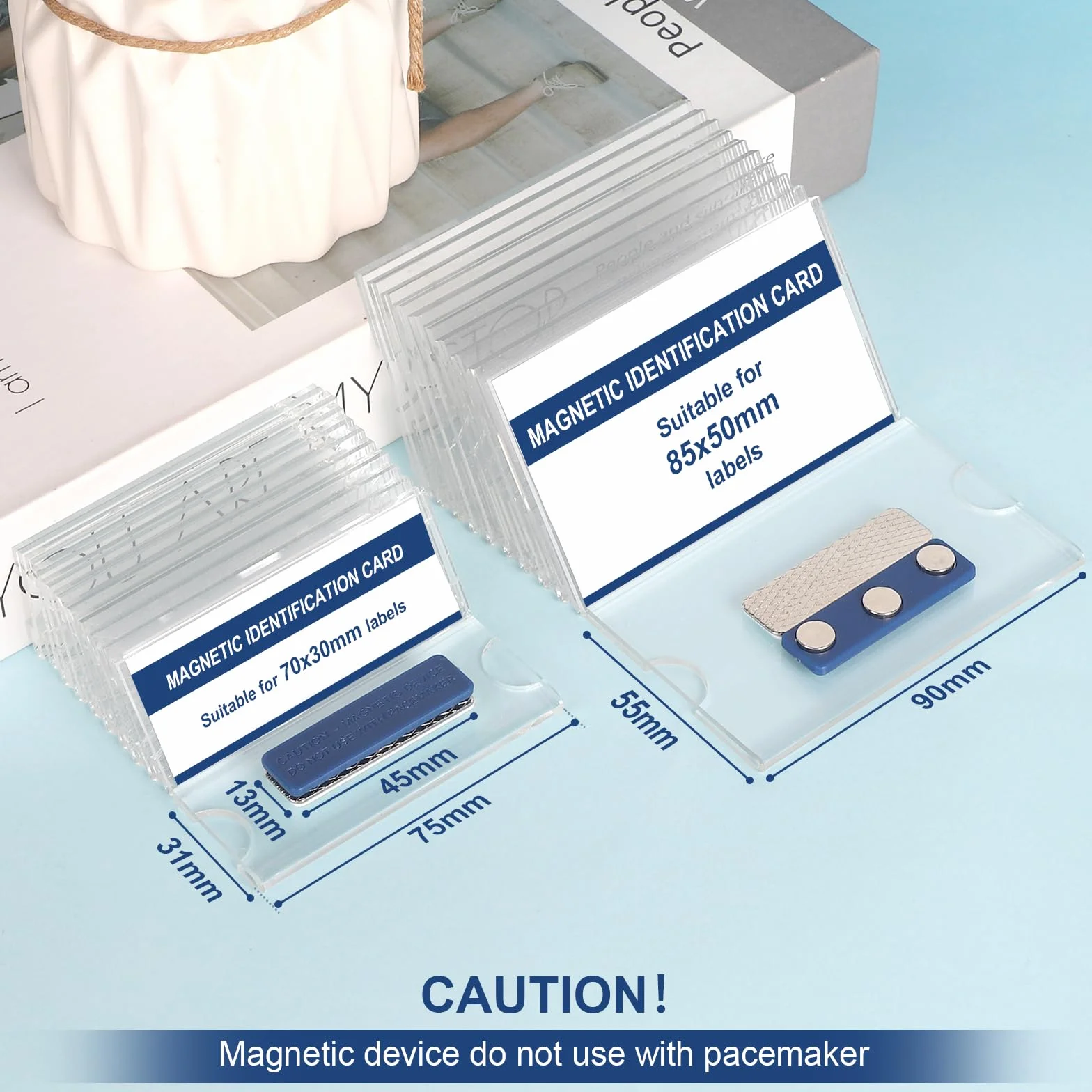EFUTURETIME Zestaw 60 magnetycznych tabliczek z nazwiskiem, 90 x 54 mm, przezroczyste tworzywo sztuczne, tabliczka na nazwisko z 3-punktowym silnym magnesem, samoprzylepne
