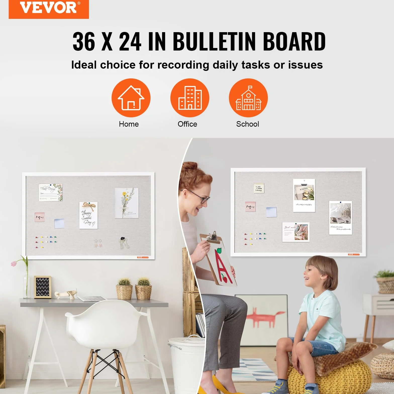 VEVOR Biała tablica korkowa 91 cm x 61 cm z lnianą powierzchnią, stylowa tablica ogłoszeń do domu, szkoły, biura - elegancka i funkcjonalna tablica ogłoszeń