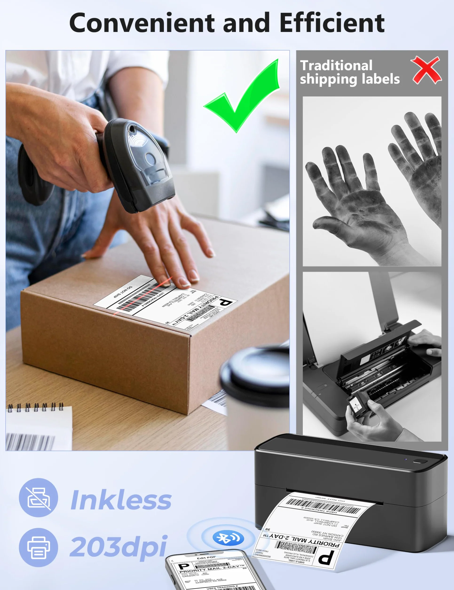 Phomemo Drukarka termiczna 241BT, drukarka etykiet wysyłkowych 4 x 6, drukarka etykiet pocztowych obsługuje Bluetooth, kompatybilna z Royal Mail, Hermes, Etsy, Shopify, eBay, Amazon, FedEx, UPS