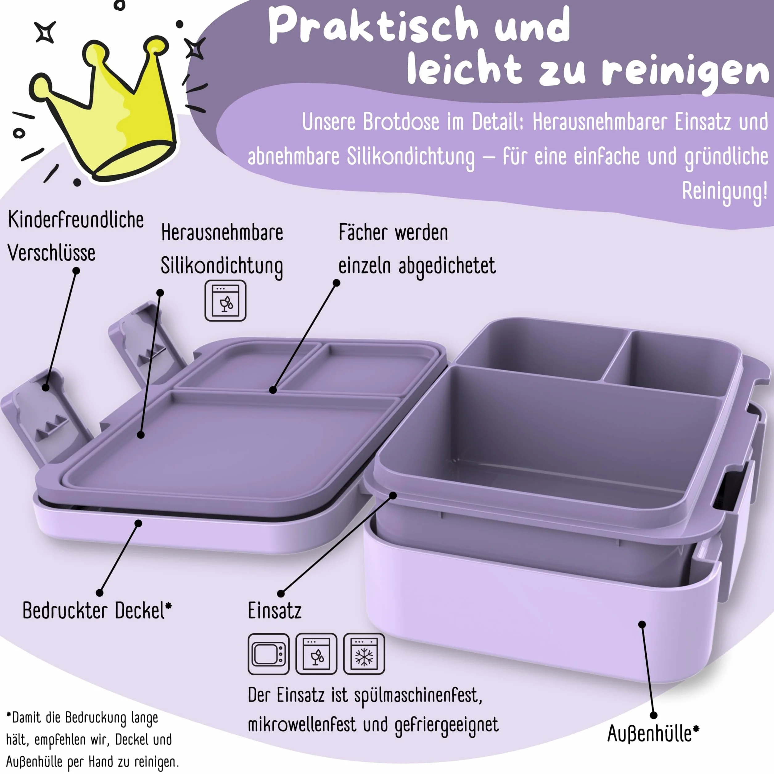 BEARFOOT Bento Box COMPACT pudełko śniadaniowe dla dzieci, bez BPA, szczelne, fioletowe jednorożec
