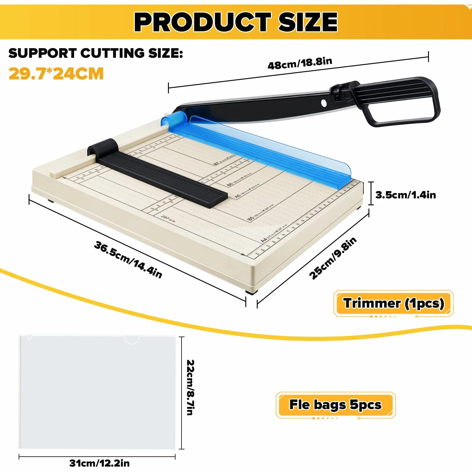 Maszyna do cięcia papieru (A4/B5/A5/B6/B7, z 5 segregatorami), przecinarka do papieru A4, przecinarka dźwigniowa, Paper Cutter, do cienkich blach, skóry, zdjęć
