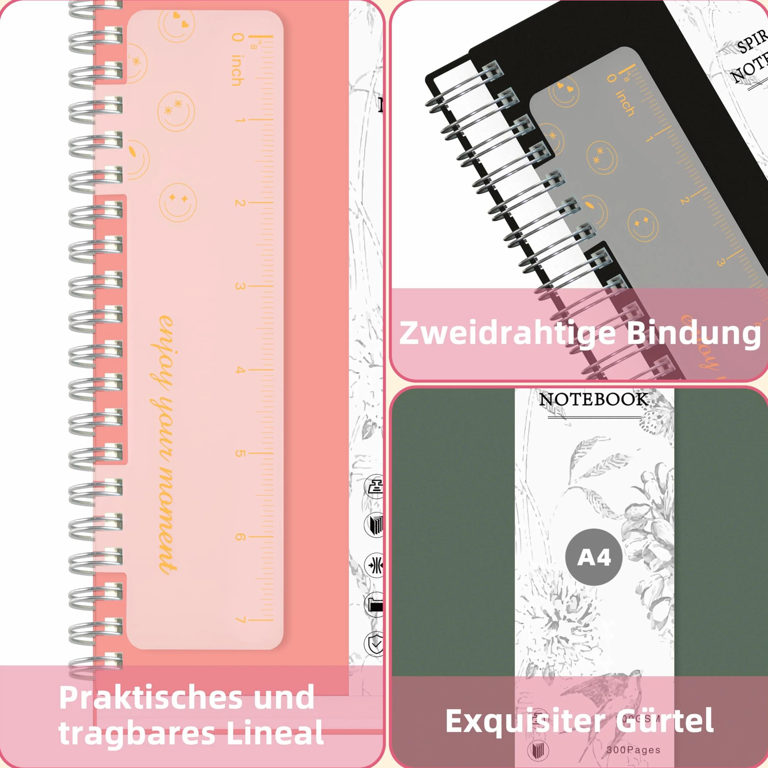 Notatnik Qefuna A4 w kropki, Bullet Dot Journal, 300-stronicowy notatnik na spirali, papier atramentoodporny 100g/m², twarda okładka z PVC, z linijką, rozszerzalne kieszenie, 21x 28 cm -Zielony