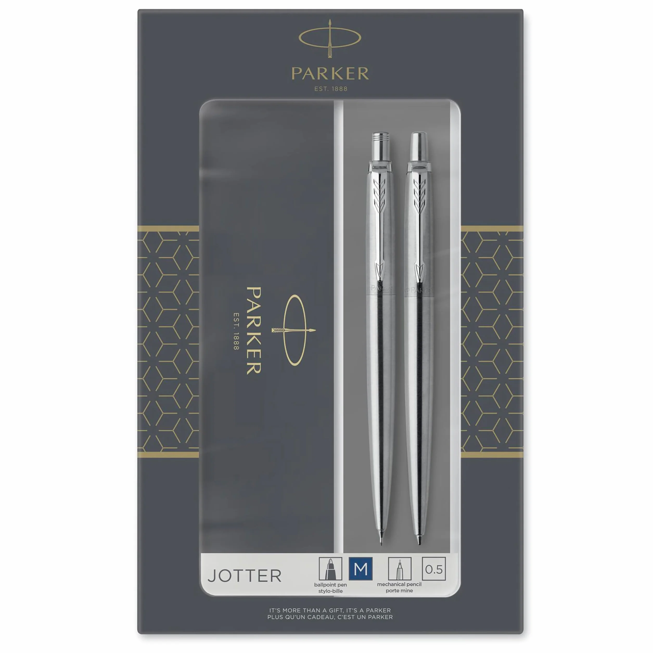 Parker Jotter 2093256 Zestaw Długopis i Ołówek, Srebrny, Niebieski Atrament, 2 Sztuki