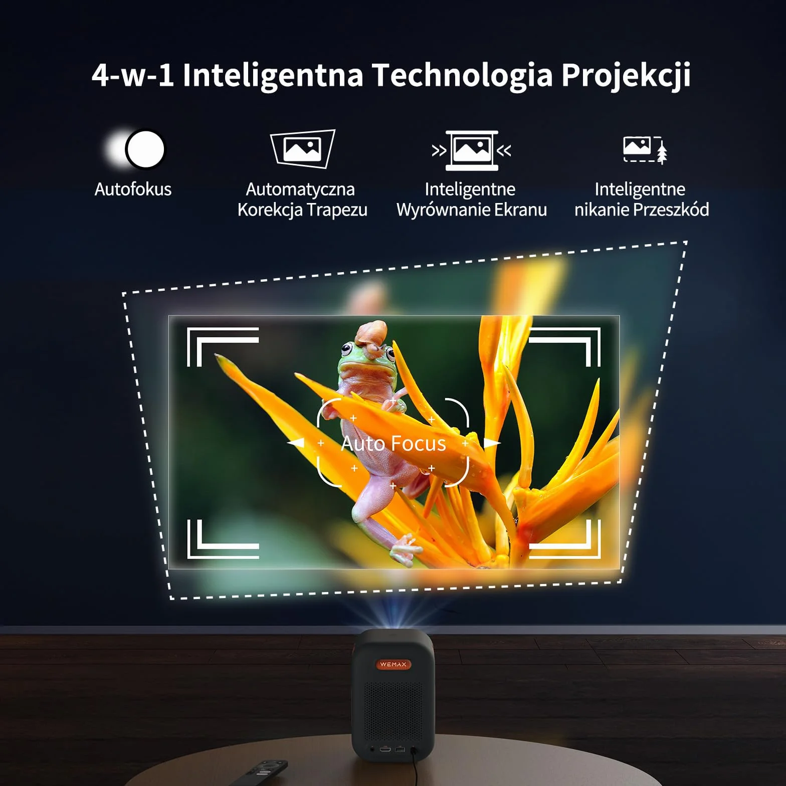 WEMAX Inteligentny Projektor Google TV 1080P Full HD, Obsługa 4K, 500 ISO Lumenów, MEMC Płynność Ruchu na Mecze 2026, Dolby Audio, Auto Focus i Keystone, Wi-Fi 5G, Bluetooth, Ekran do 120"