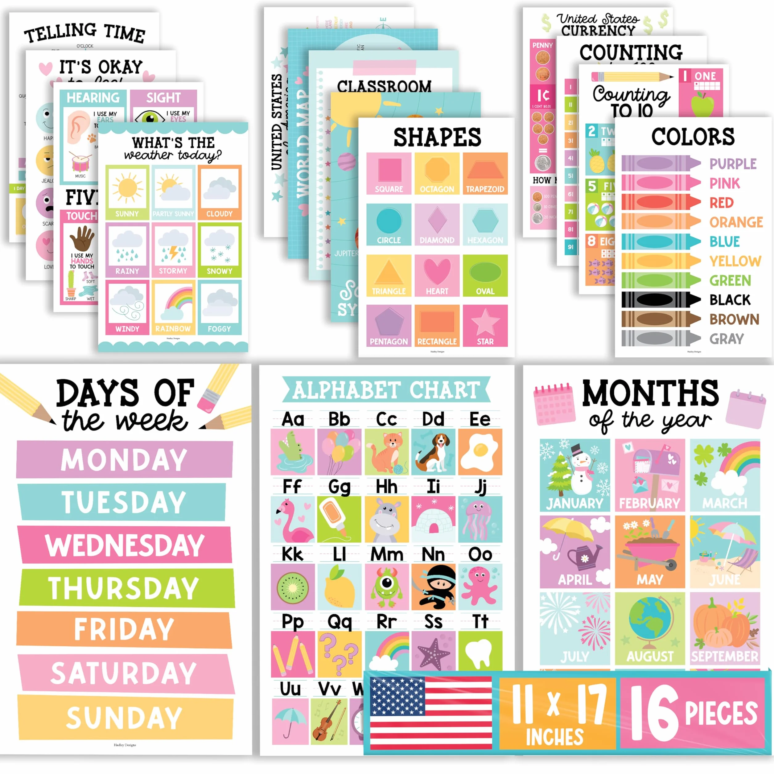 Hadley Designs 16 Educational Posters for Classroom Decor - Pastel Educational Posters for Toddlers 1-3, Toddler Learning Poster for Kids Ages 3-5, Kindergarten & Preschool Classroom Must Haves