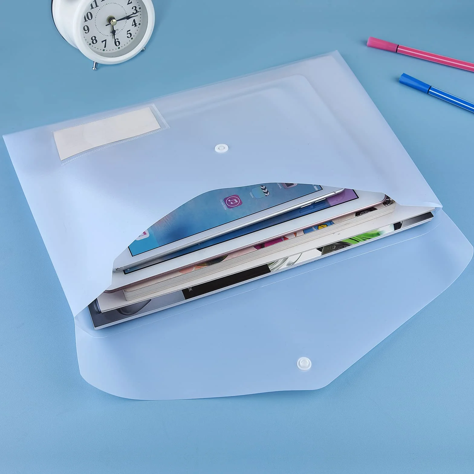 ASTARON Plastikowe teczki na koperty A4, przezroczyste teczki na dokumenty, teczka na dokumenty A4 z kieszenią na etykiety, do szkoły, domu, pracy, biura, 5 kolorów