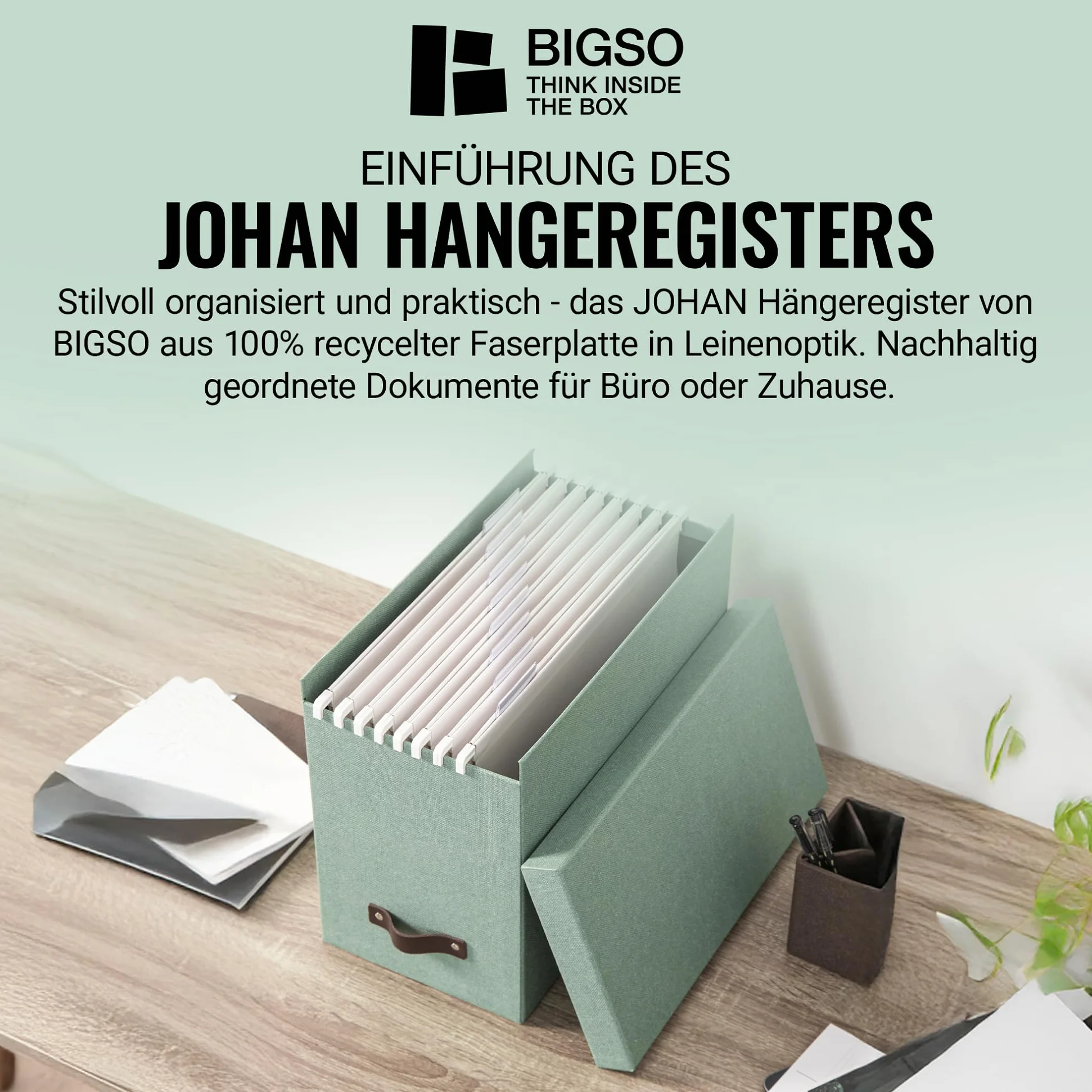 Bigso Box of Sweden JOHAN Pudełko z pokrywką – stylowe pudełko archiwalne z 8 zawieszanymi skoroszytami – pudełko na teczki wiszące z płyty pilśniowej i papieru o stylowym wyglądzie lnu, miętowa