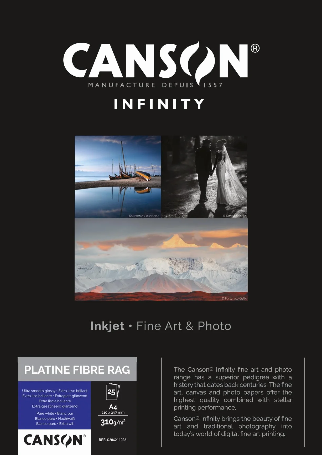 CANSON Infinity Platine Fibre Rag Ultra gładki błyszczący papier A4 310 g/m², cyfrowe papiery do ciemni, 25 arkuszy czystej bieli, idealny dla profesjonalnych fotografów