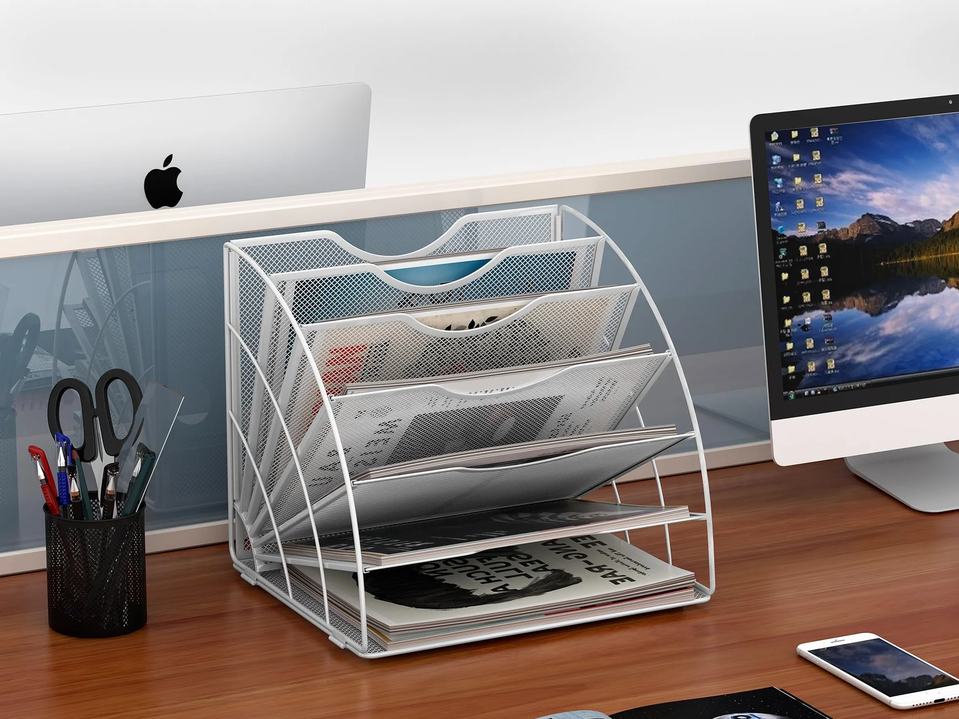 EasyPAG Organizer na Biurko A4 6 Przedziały Metal Siatka,Taca na Czasopisma,Półka na Listy,Stojak na Dokumenty do Domu & Biura,Biały