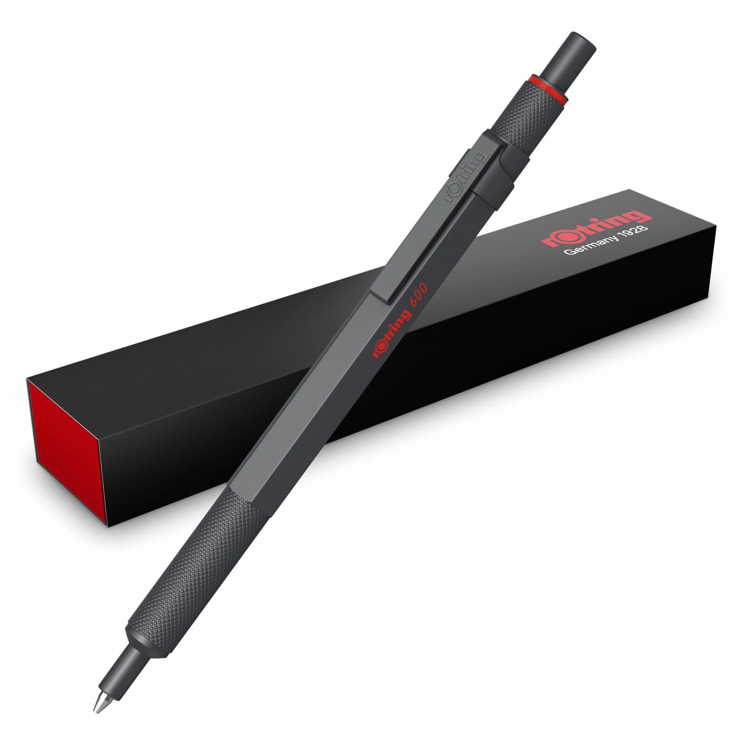 rOtring 600 Długopis | Końcówka Medium | Czarny tusz | Obudowa długopisu w całości wykonana z metalu | Dark Stone | Antypoślizgowy uchwyt radełkowany i sześciokątny korpus | Z wymiennym wkładem