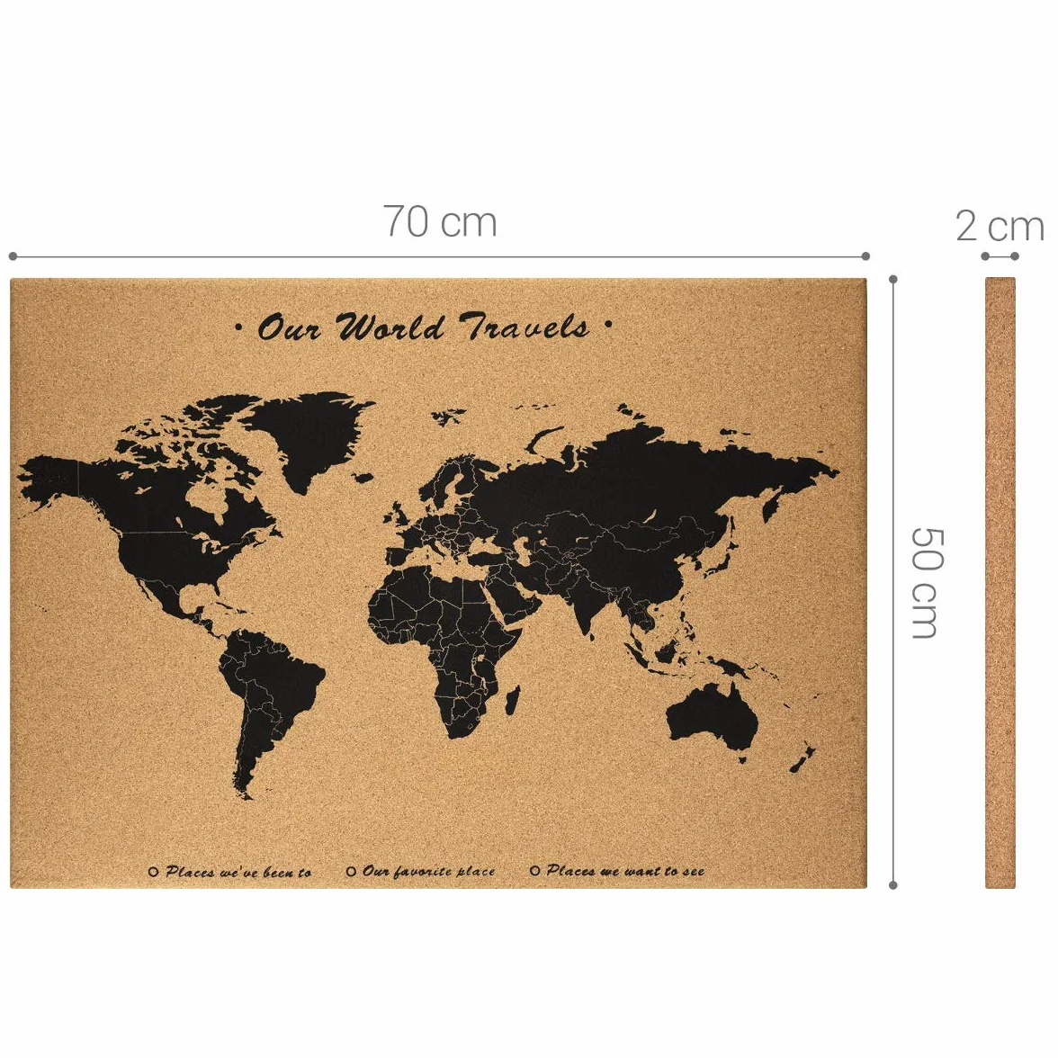 Navaris Tablica korkowa Mapa świata - 70 x 50 cm Tablica korkowa z szpilkami do notatek w światowej mapie z 15x szpilkami do kuchni, klasy, domu biurowego, sypialni