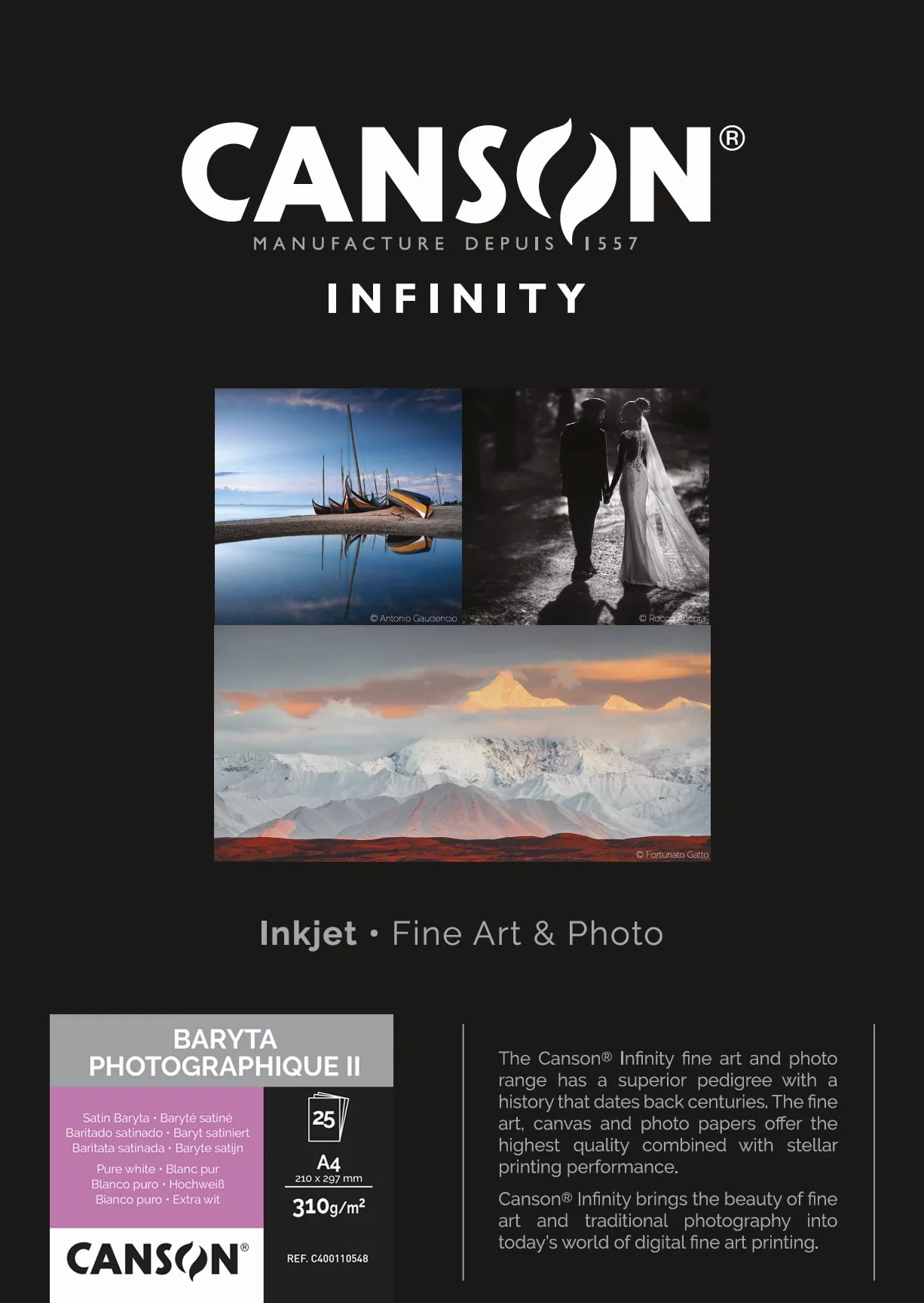 CANSON Infinity Baryta Photographique II cyfrowa ciemnia 310 g/m² papier A4, satynowa baryta, 25 arkuszy czystej bieli, idealny dla profesjonalnych fotografów