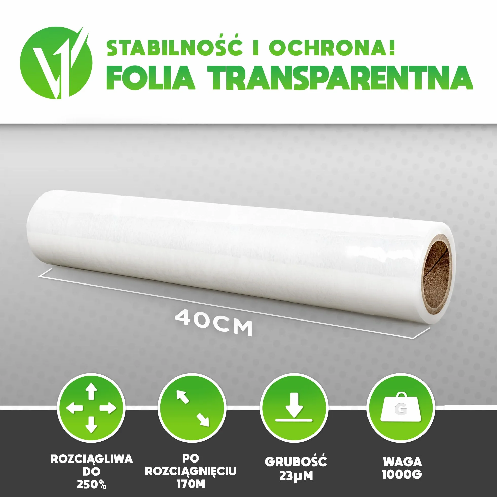V1 Trade Folia stretch przezroczysta - 1 kg rolka folii - 23 mikrometry folia ochronna 100 m długości i 40 cm szerokości materiał opakowaniowy - folia do mebli