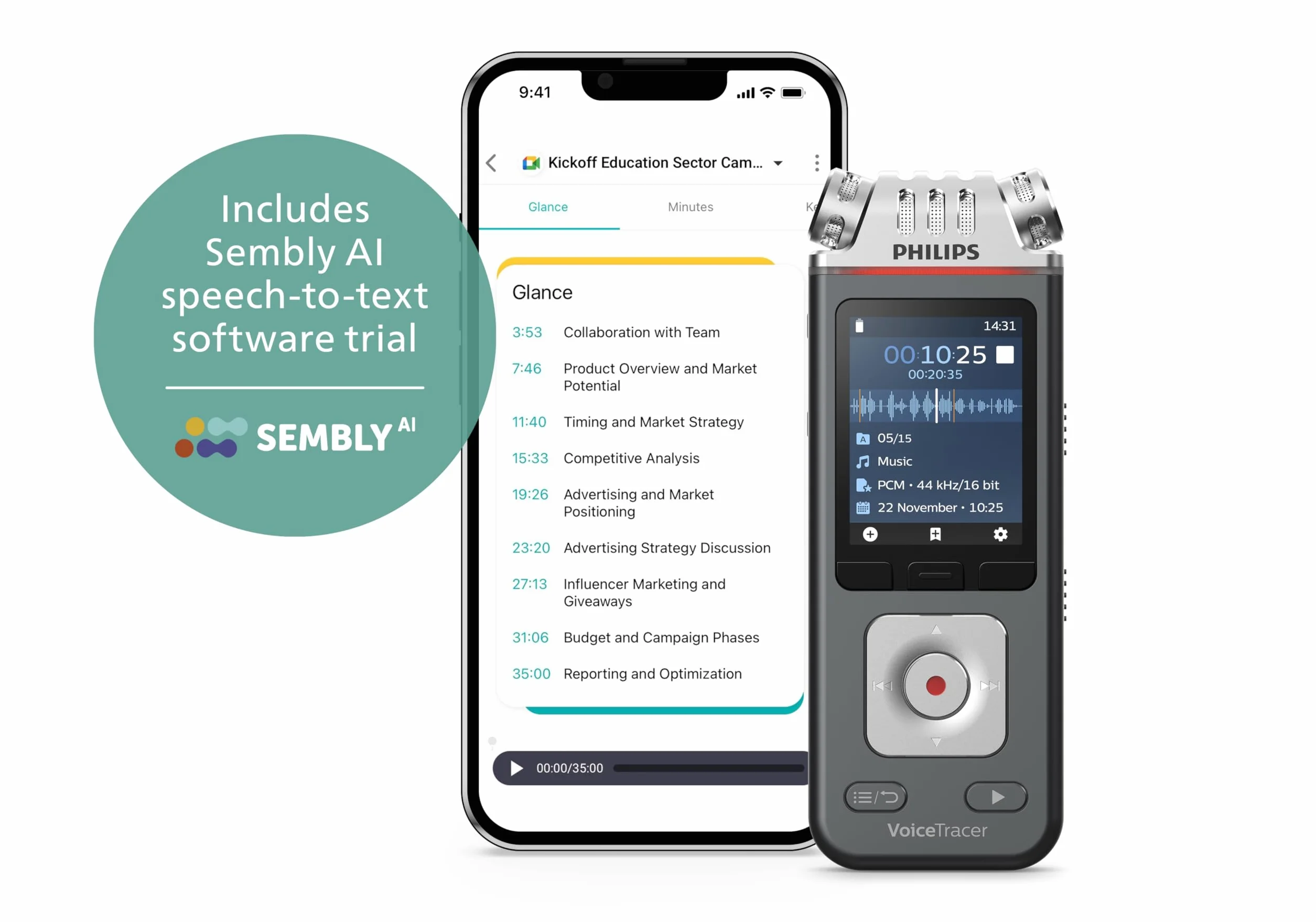 Philips DVT6115 VoiceTracer, dyktafon, nagrywarka, 3 mikrofony HiFi zoptymalizowane do nagrywania muzyki, w zestawie licencja testowa Sembly AI: transkrypcja i podsumowania sztucznej inteligencji