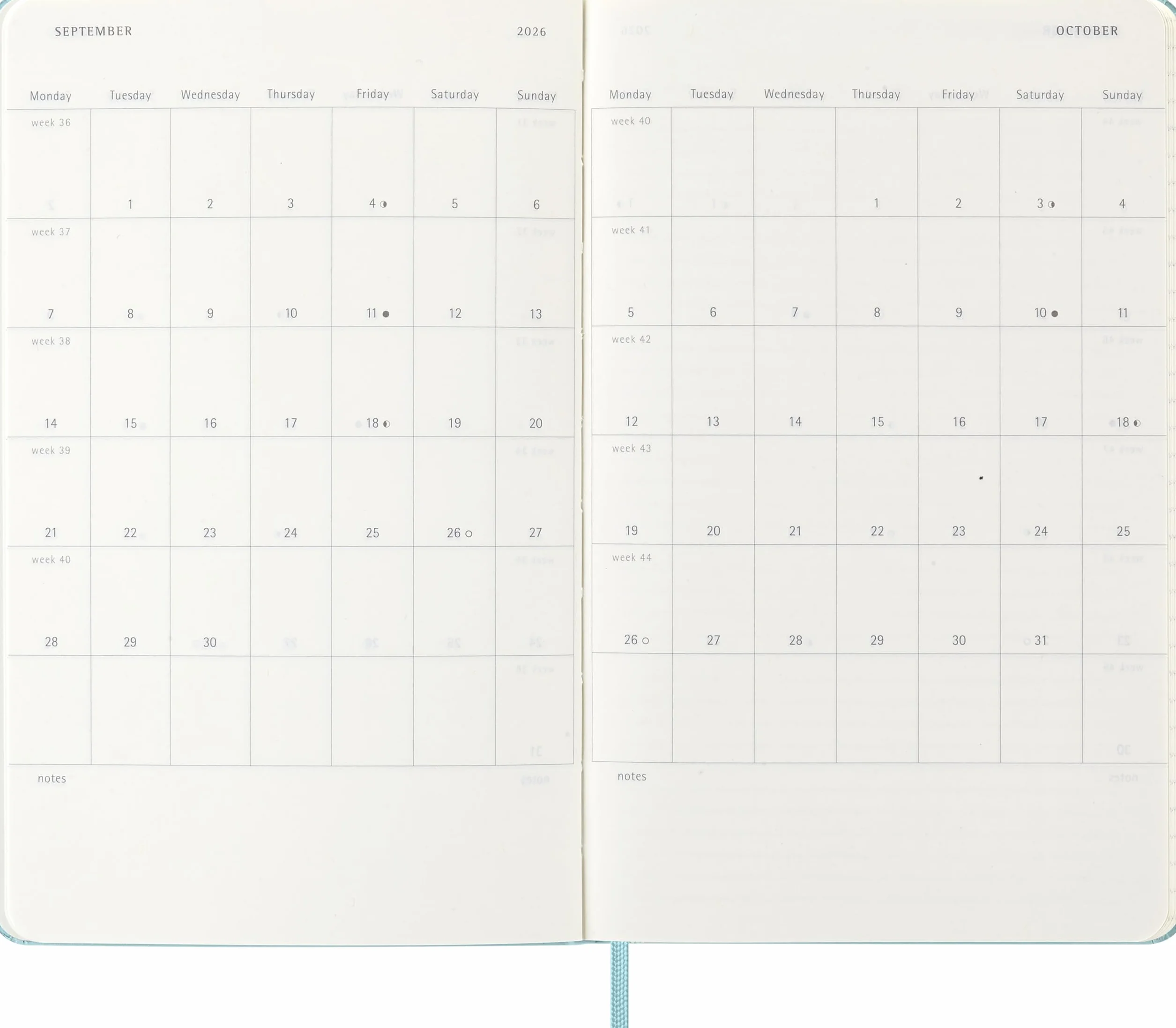 Moleskine 12 Monate Wochen Notizkalender 2026, Large/A5, fester Einband, Aquamarin