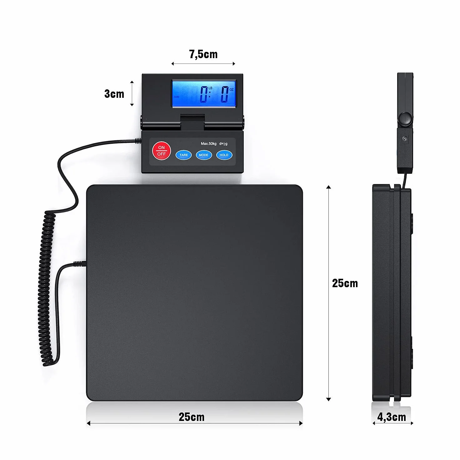 Nilpferd Waga do pakowania/pocztowa/platforma, waga pocztowa do 50 kg/2 g, ze składanym zewnętrznym wyświetlaczem LCD, kablem sieciowym lub bateriami (w zestawie) (czarna1)