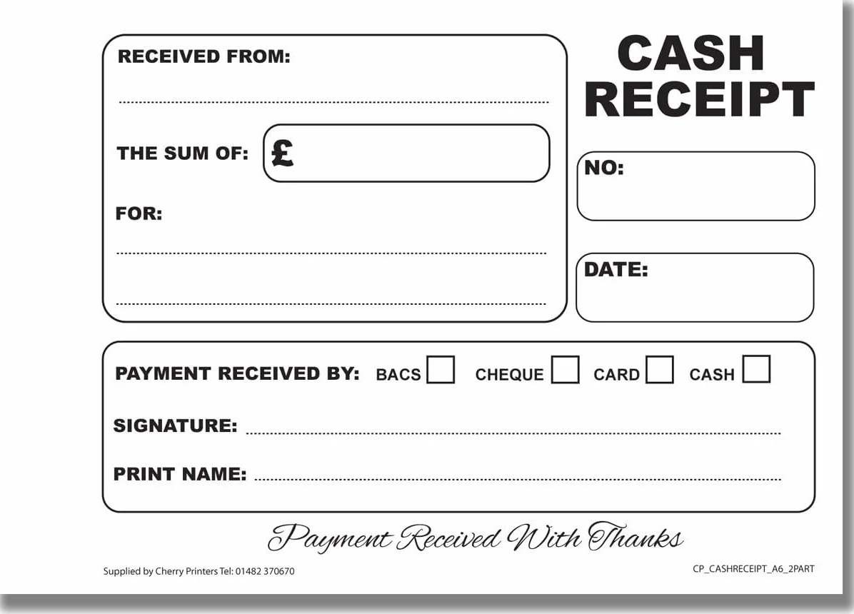 Cherry Carbonless Cash Receipt Book A6, 2-częściowy NCR, 50 zestawów, perforowany