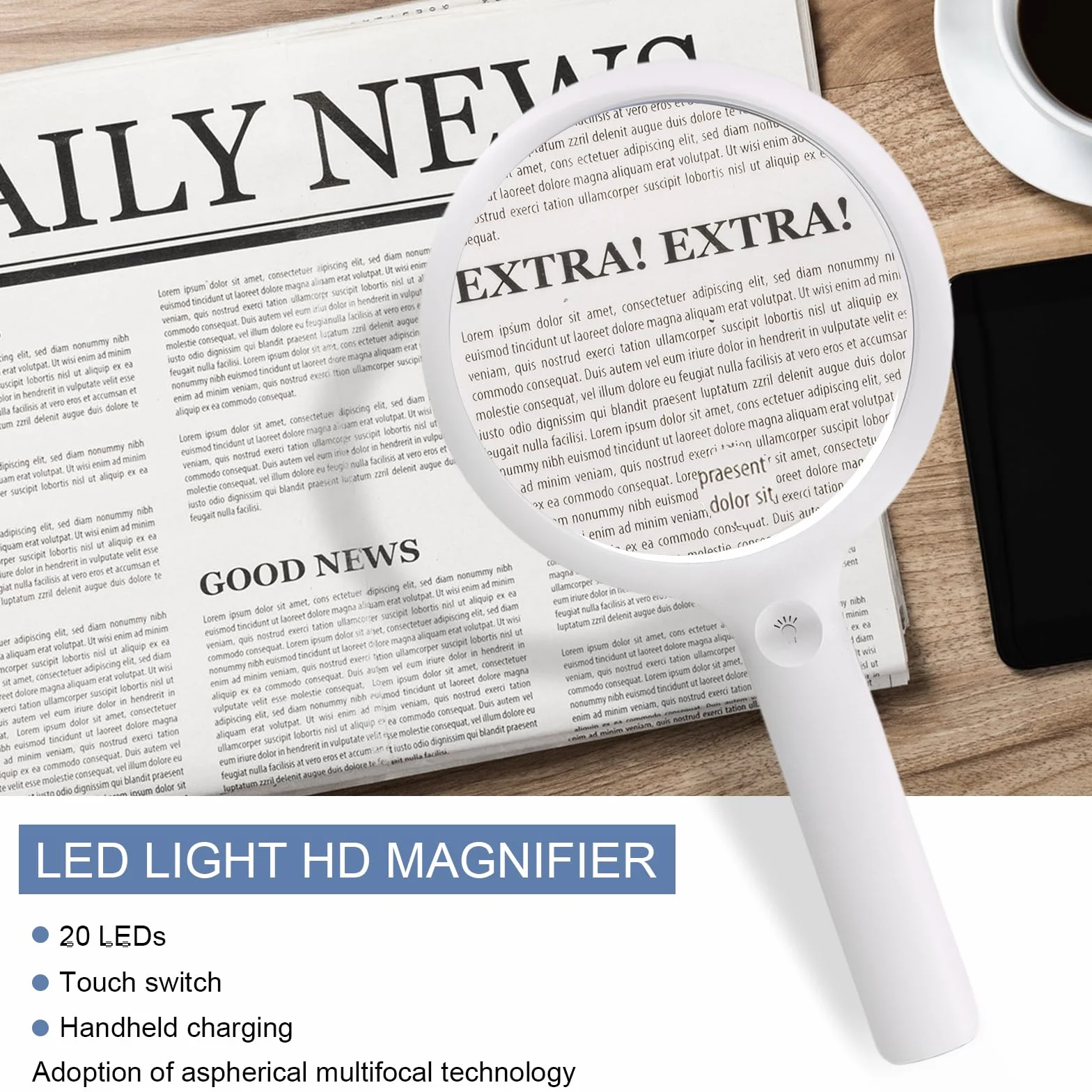 Duże szkło powiększające z 20 diodami LED, soczewka szkła powiększającego LED, 30X 60X ręczna podświetlana lupa z 3 trybami świecenia dla seniorów do czytania, inspekcji, monet, odkrywania
