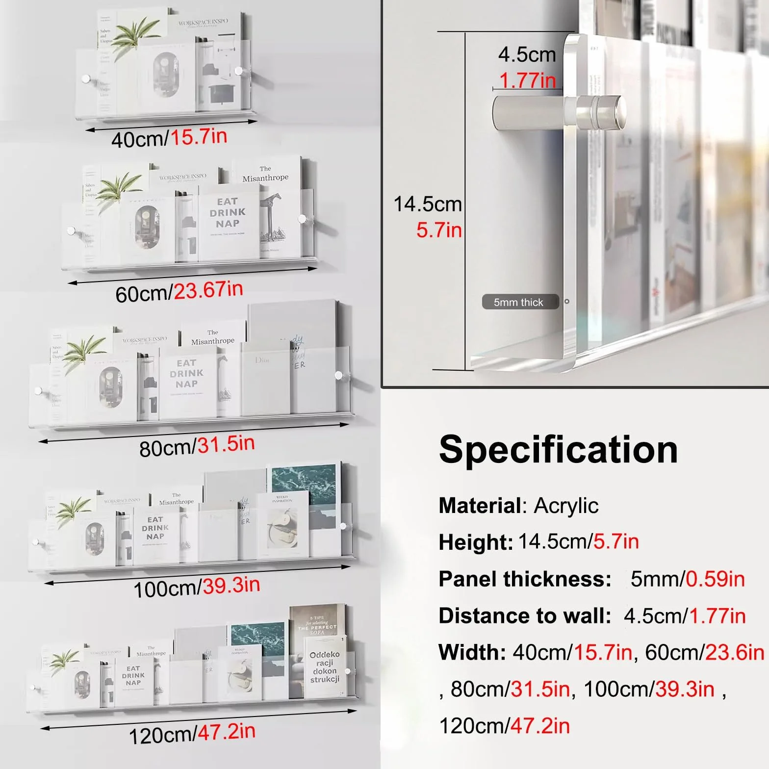 Hanging Bookshelf Magazine Rack Clear Acrylic brochure for Storage journals Comics Book screenplays, Wall Mounted Magazine Display Rack, Hanging Bookshelf(Transparent,L 120cm/47.2in)